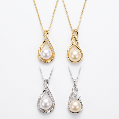 Pearl infinity necklace shown in silver and gold