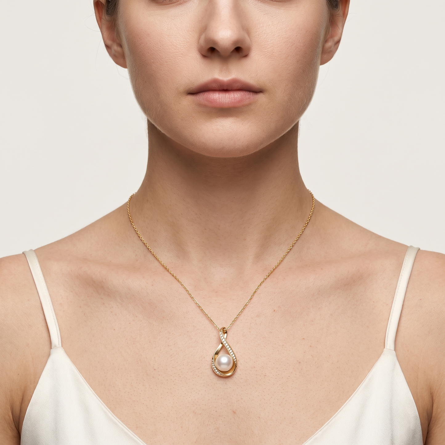 Pearl infinity moissanite necklace worn, front view