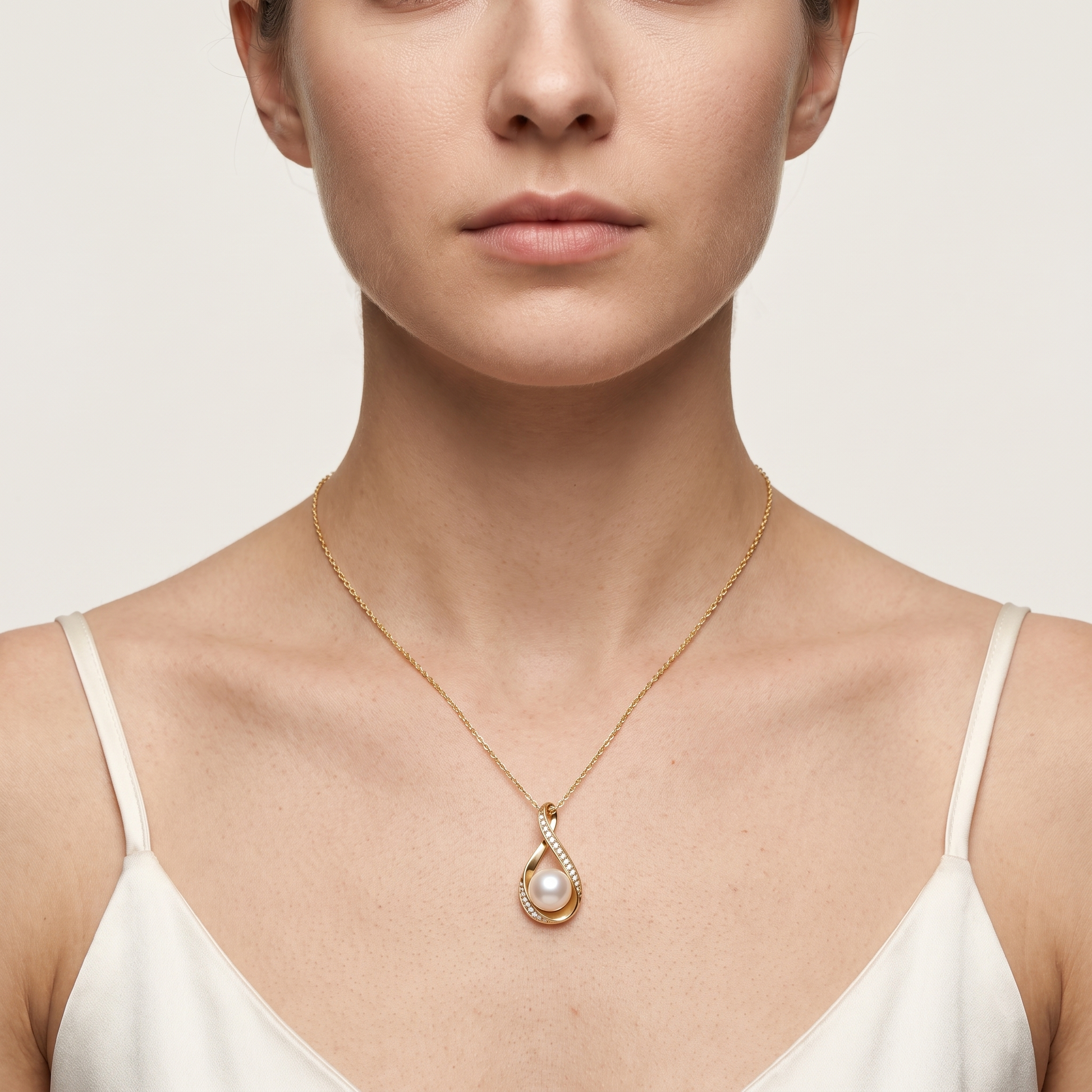Pearl infinity moissanite necklace worn, front view