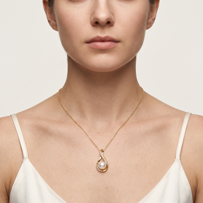 Pearl infinity moissanite necklace worn, front view