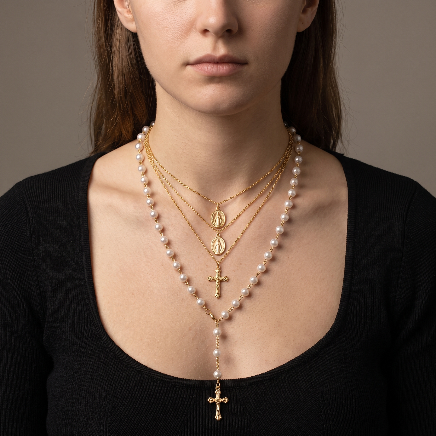 Layered pearl cross necklace worn, front view