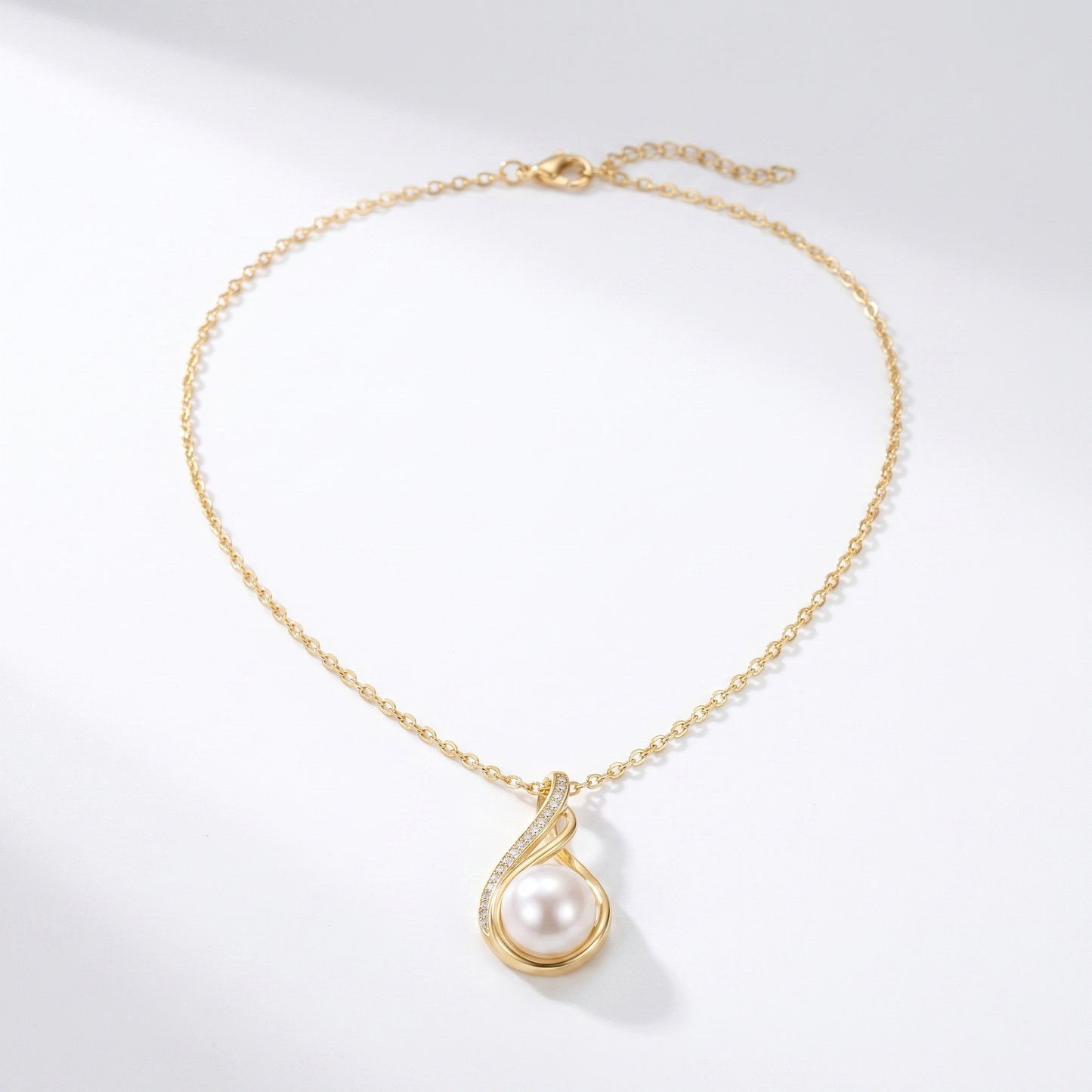 Pearl infinity moissanite necklace product shot