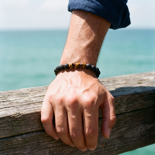 Lava stone bracelet worn, forearm resting on a railing by the sea