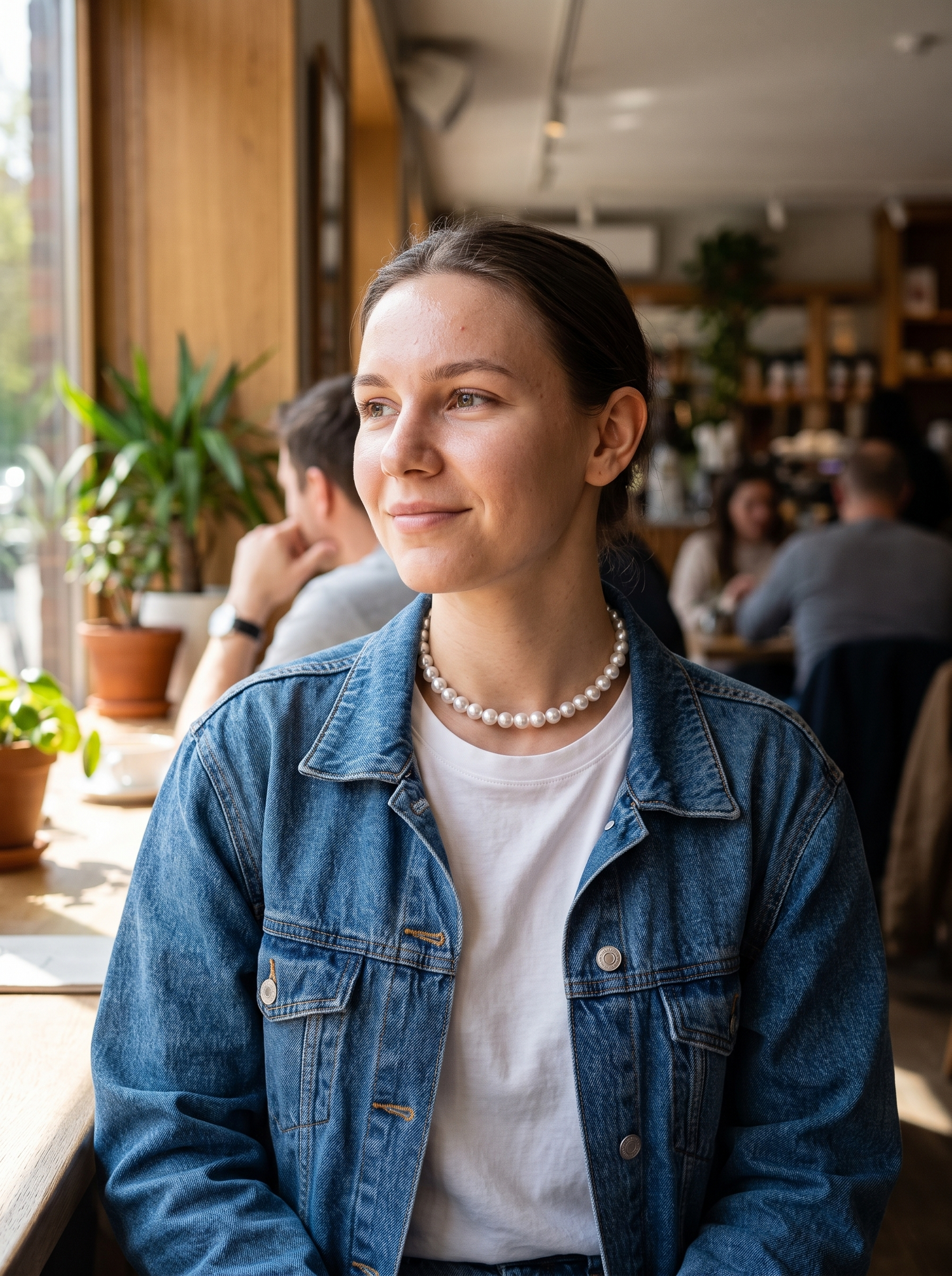 Aurelle short pearl choker worn casually