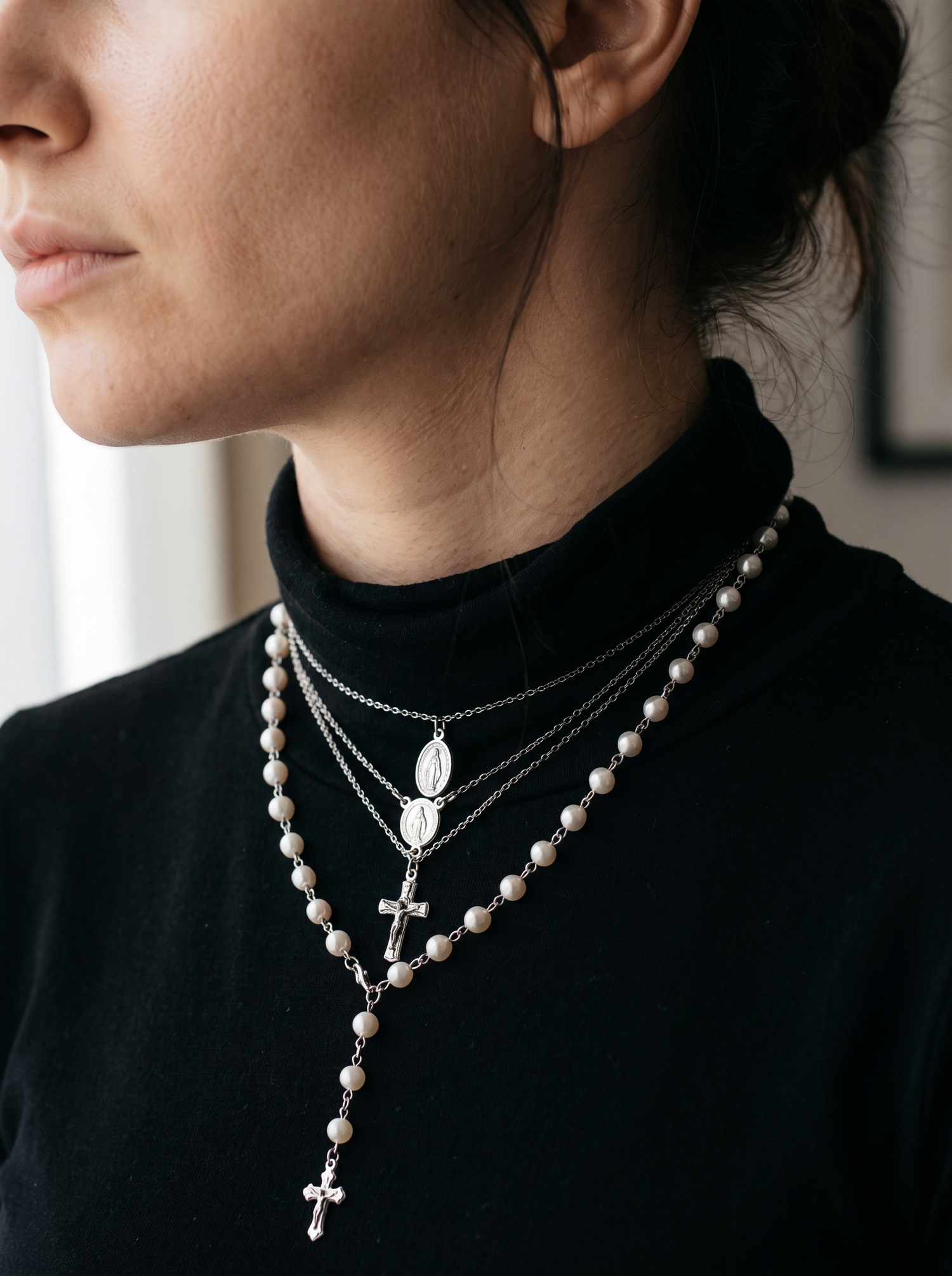 Aurelle layered pearl cross necklace close detail