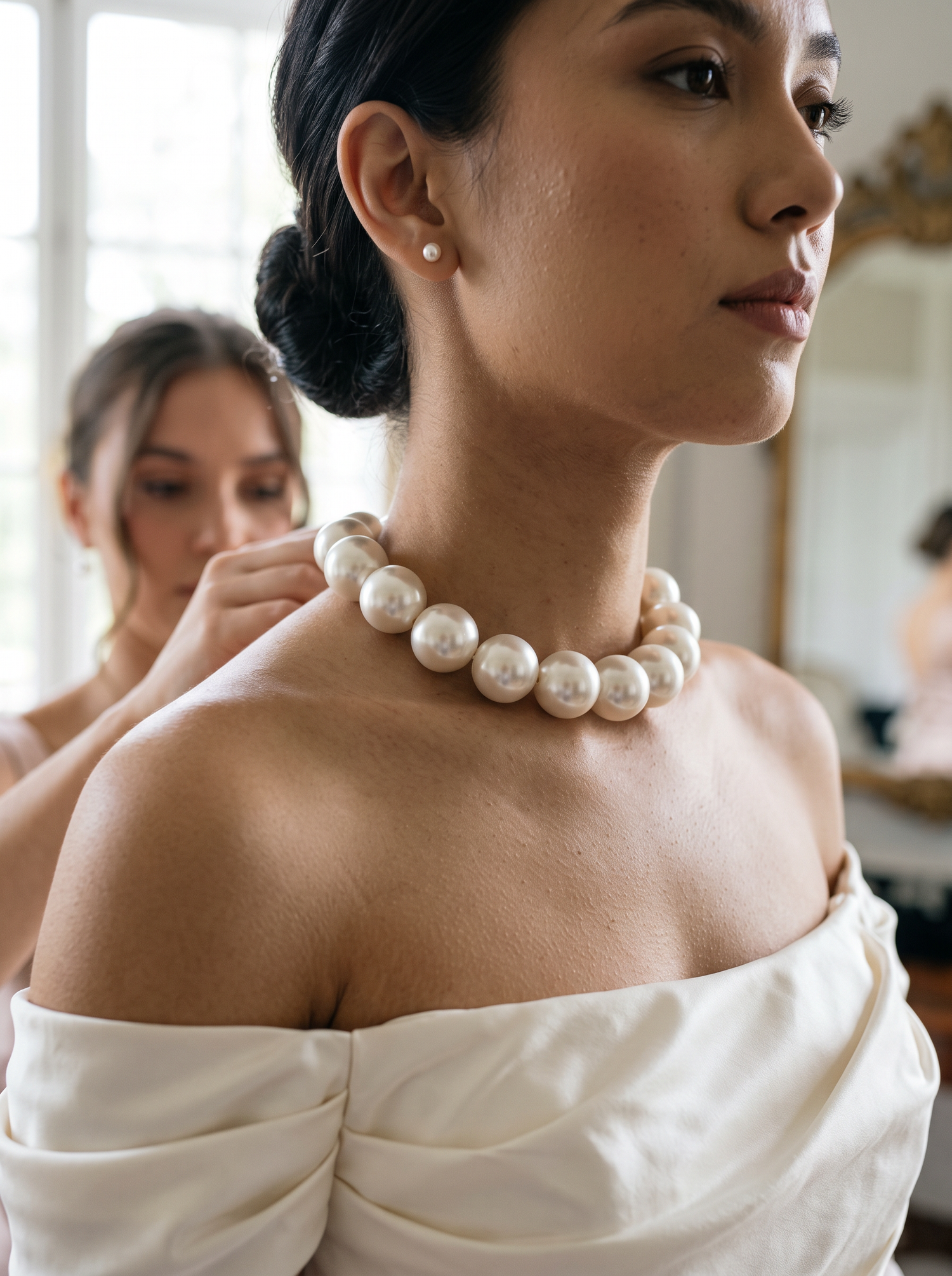 Aurelle pearl choker worn by a bride