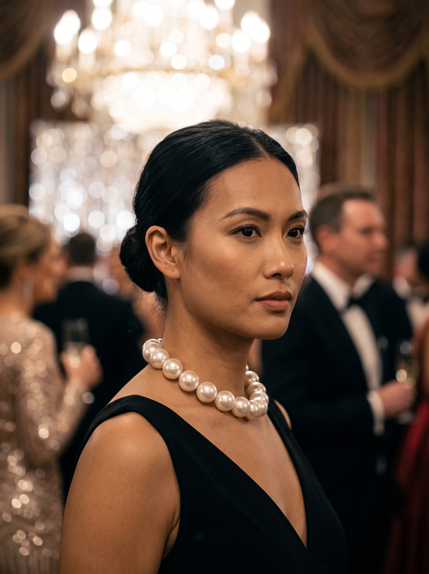 Aurelle pearl choker worn at an evening gala