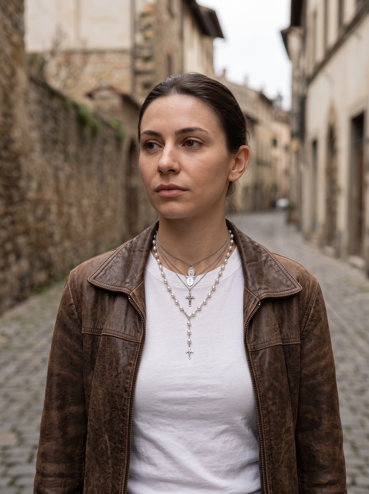 Aurelle layered pearl cross necklace worn on the street