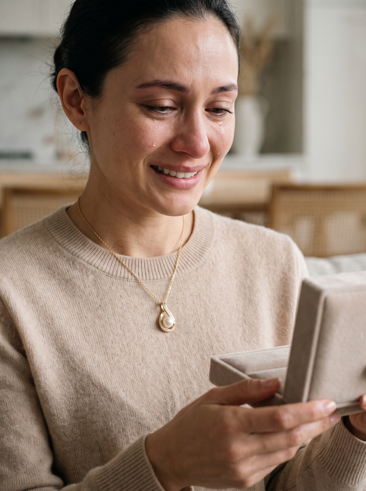 Aurelle pearl infinity necklace opened as a gift