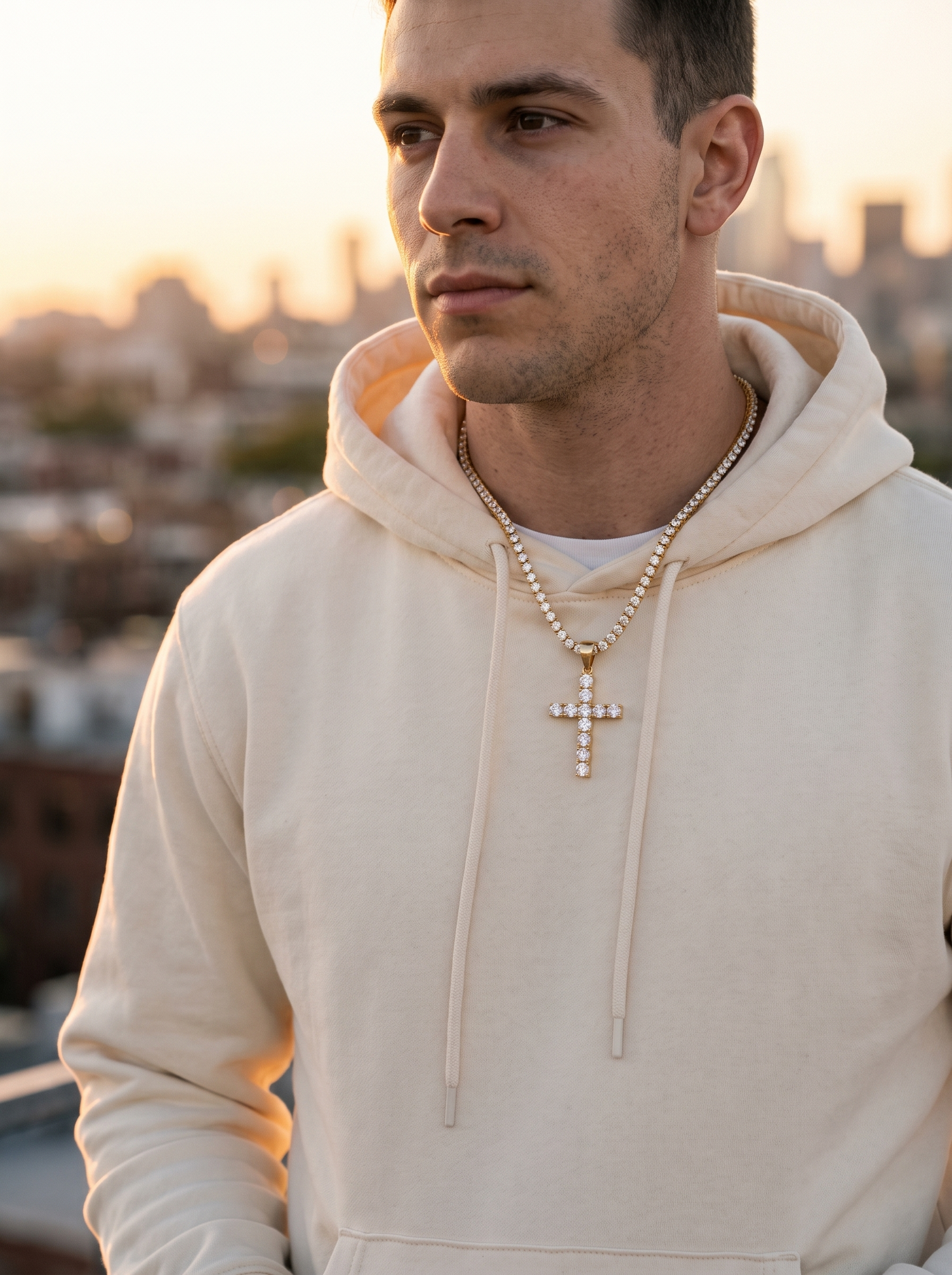 Aurelle iced cross tennis chain at sunset