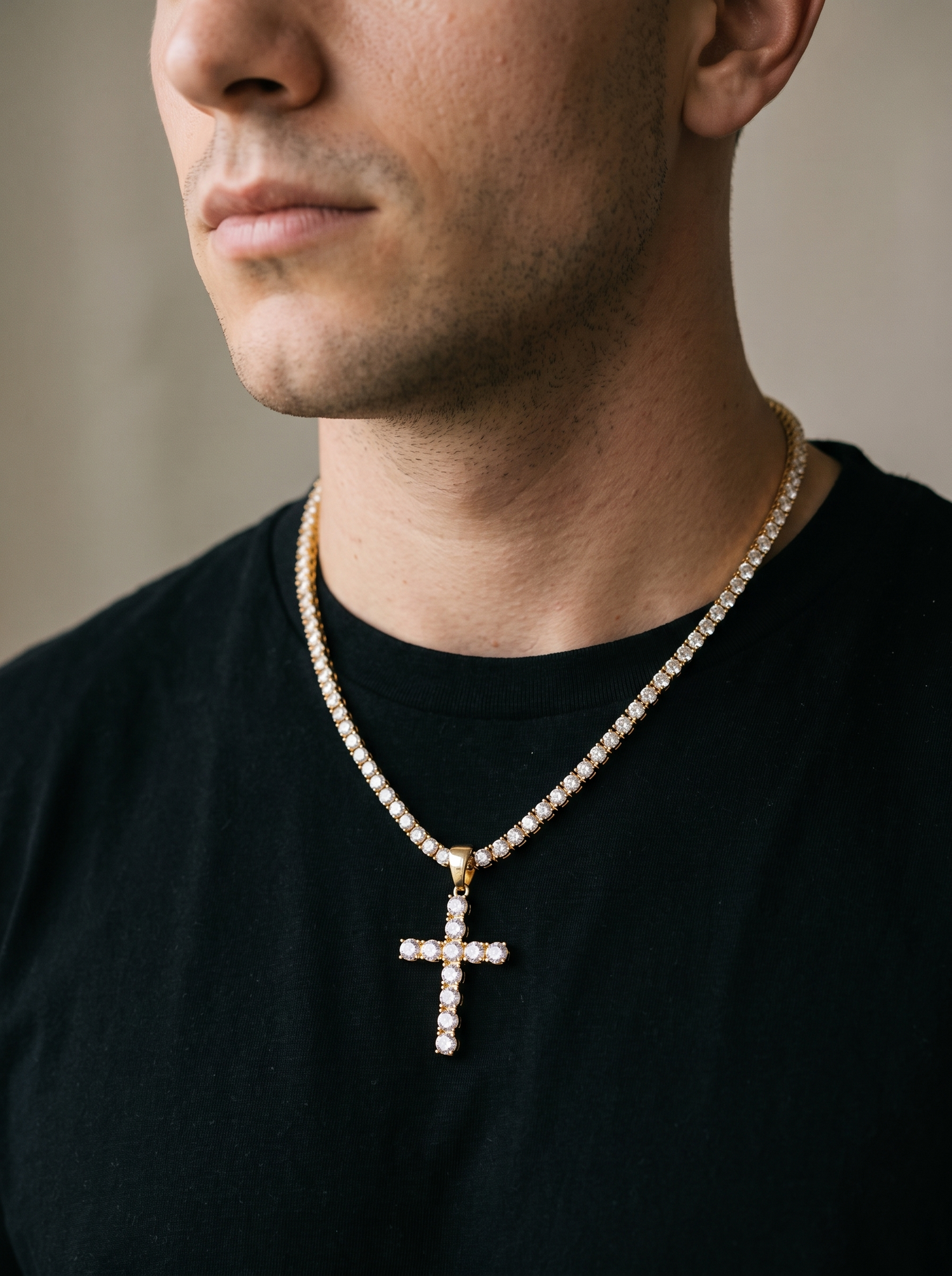 Aurelle iced cross tennis chain close detail