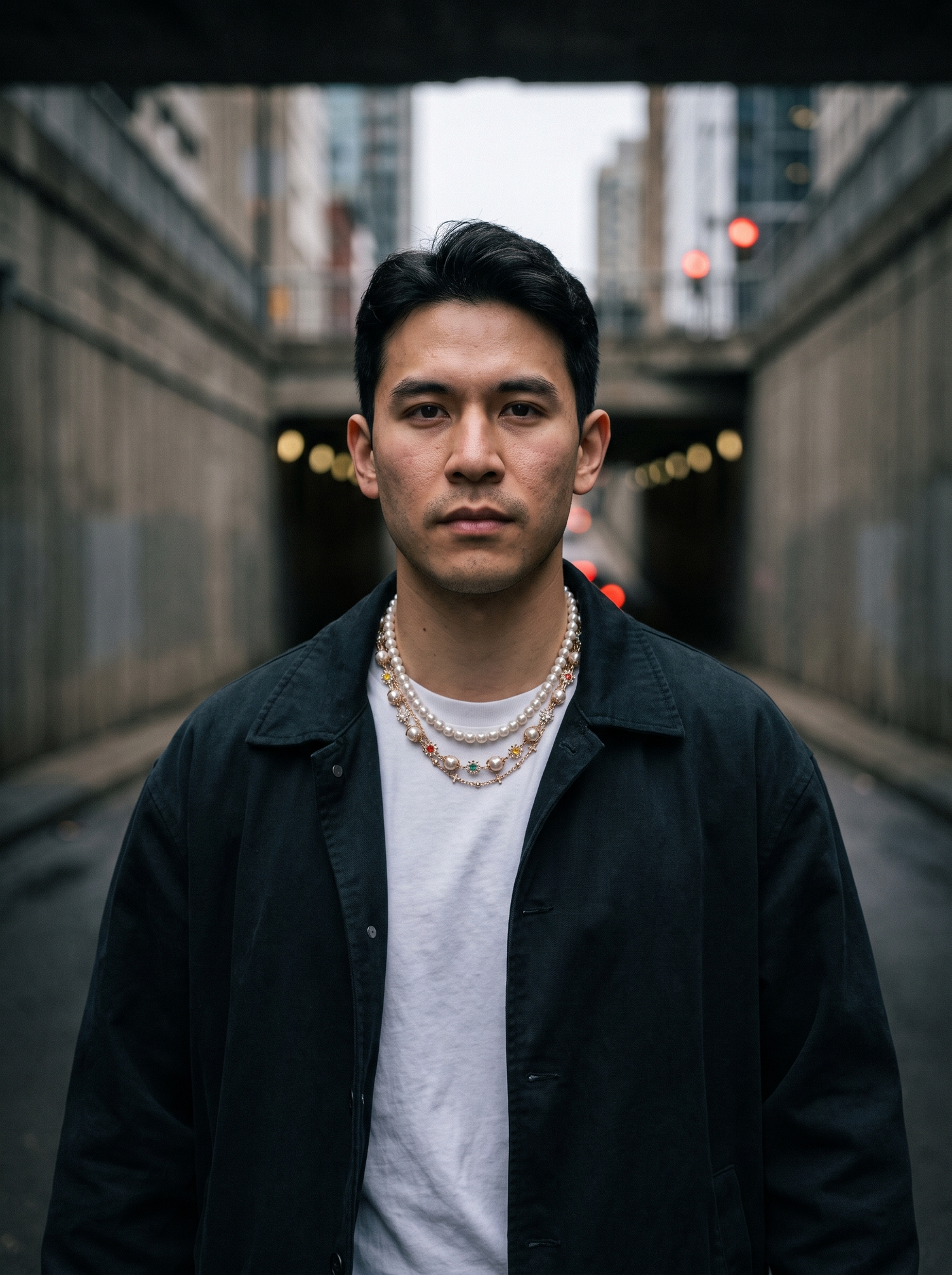 Aurelle gothic pearl cross chain set worn on the street