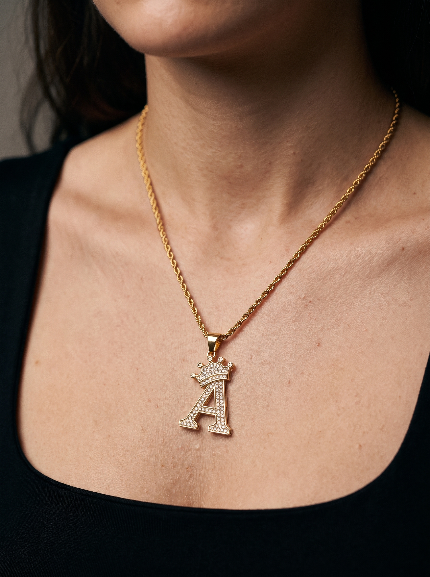 Aurelle crown letter necklace close detail