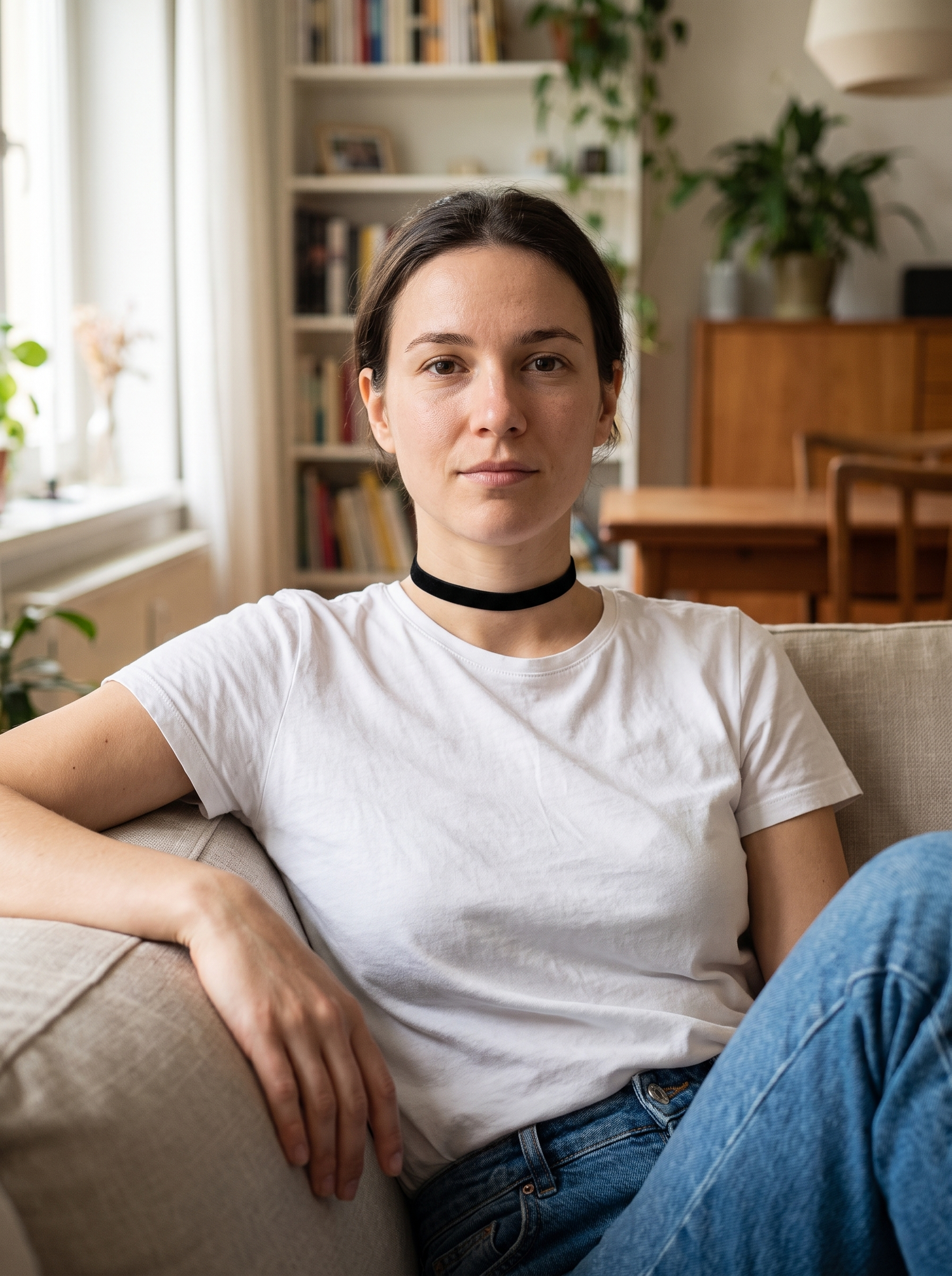 Aurelle velvet ribbon choker worn casually