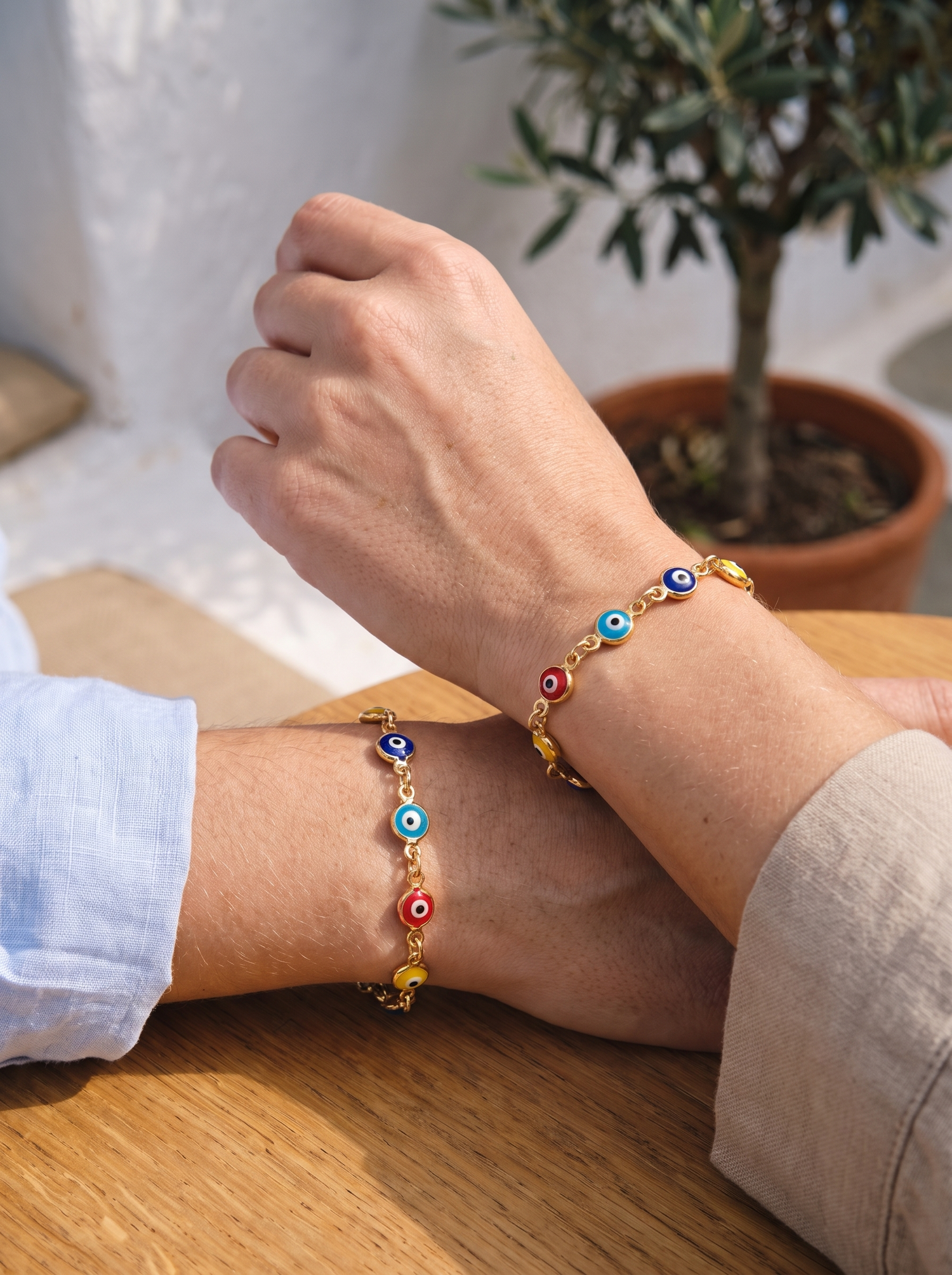 Aurelle lucky evil eye bracelet worn by friends