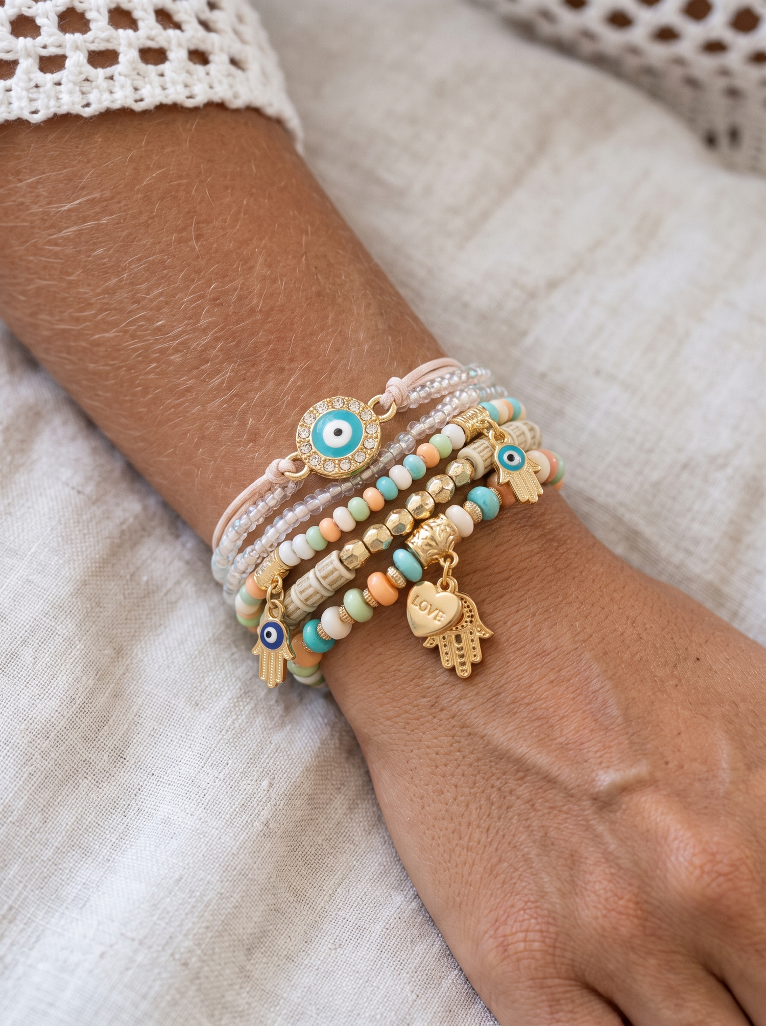 Aurelle evil eye bracelet set stacked