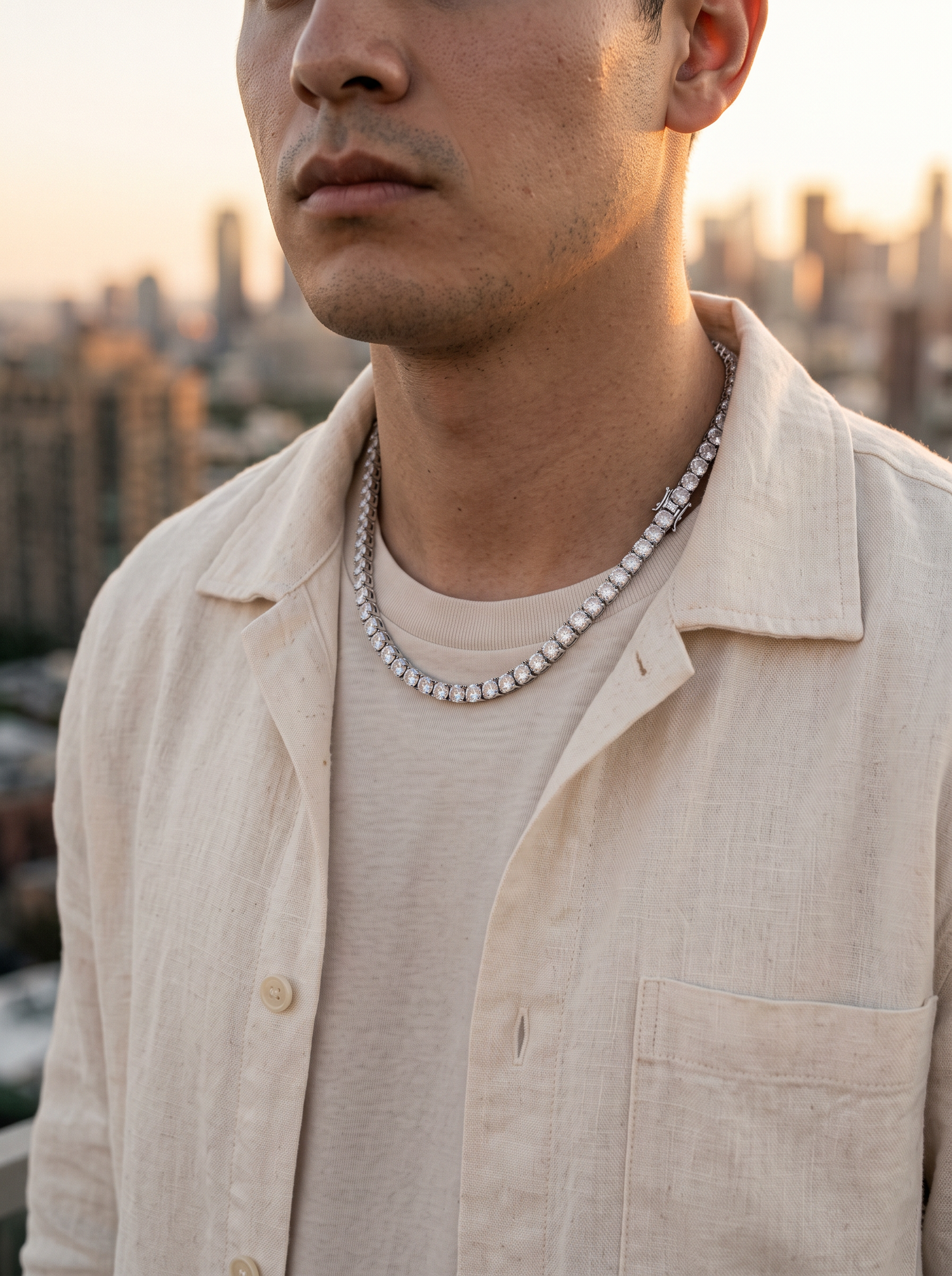 Aurelle CZ tennis chain at golden hour