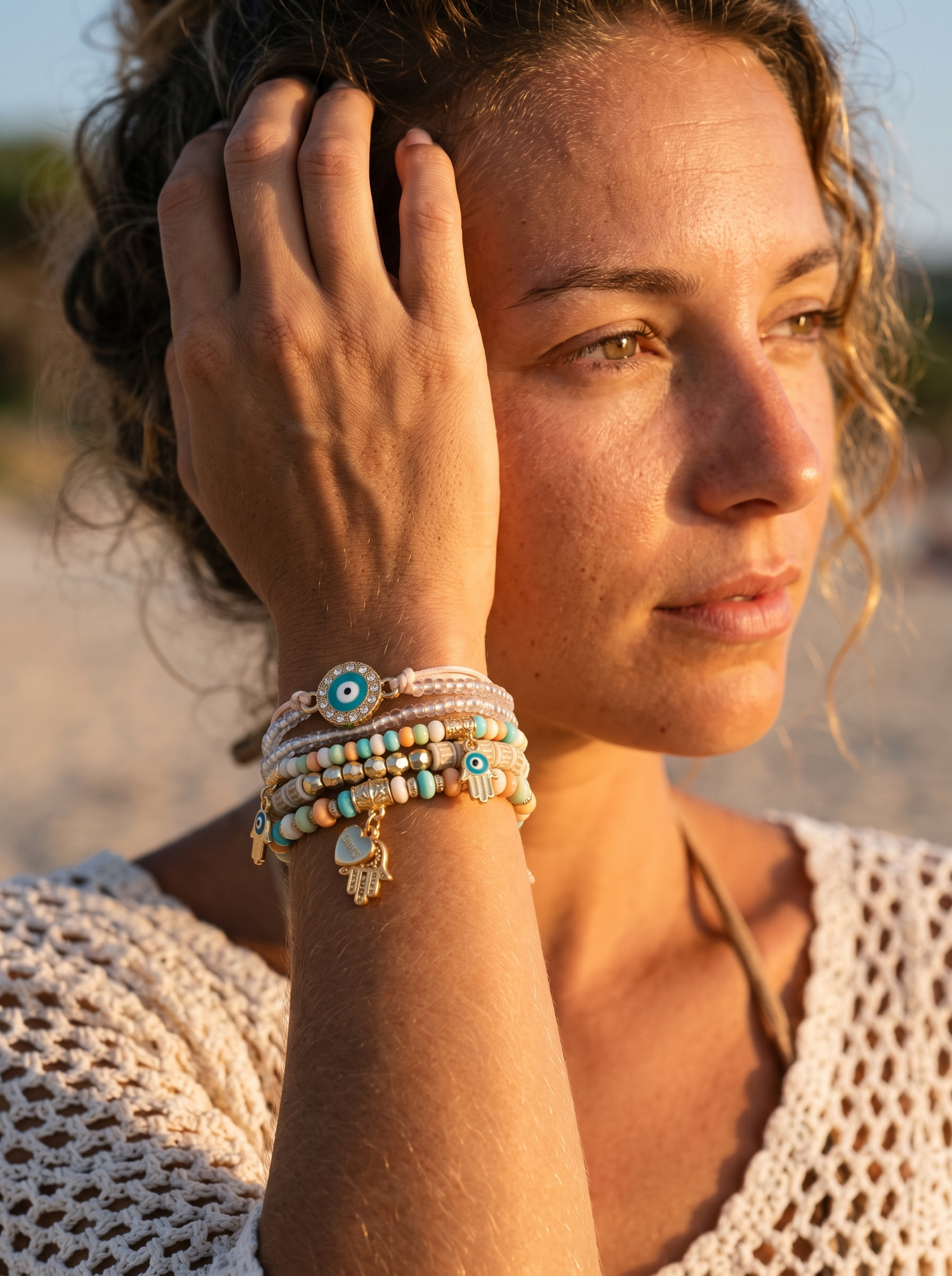 Aurelle evil eye bracelet set at sunset