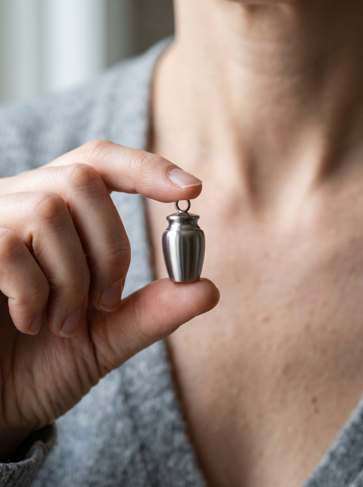 Aurelle memorial urn pendant held in the hand