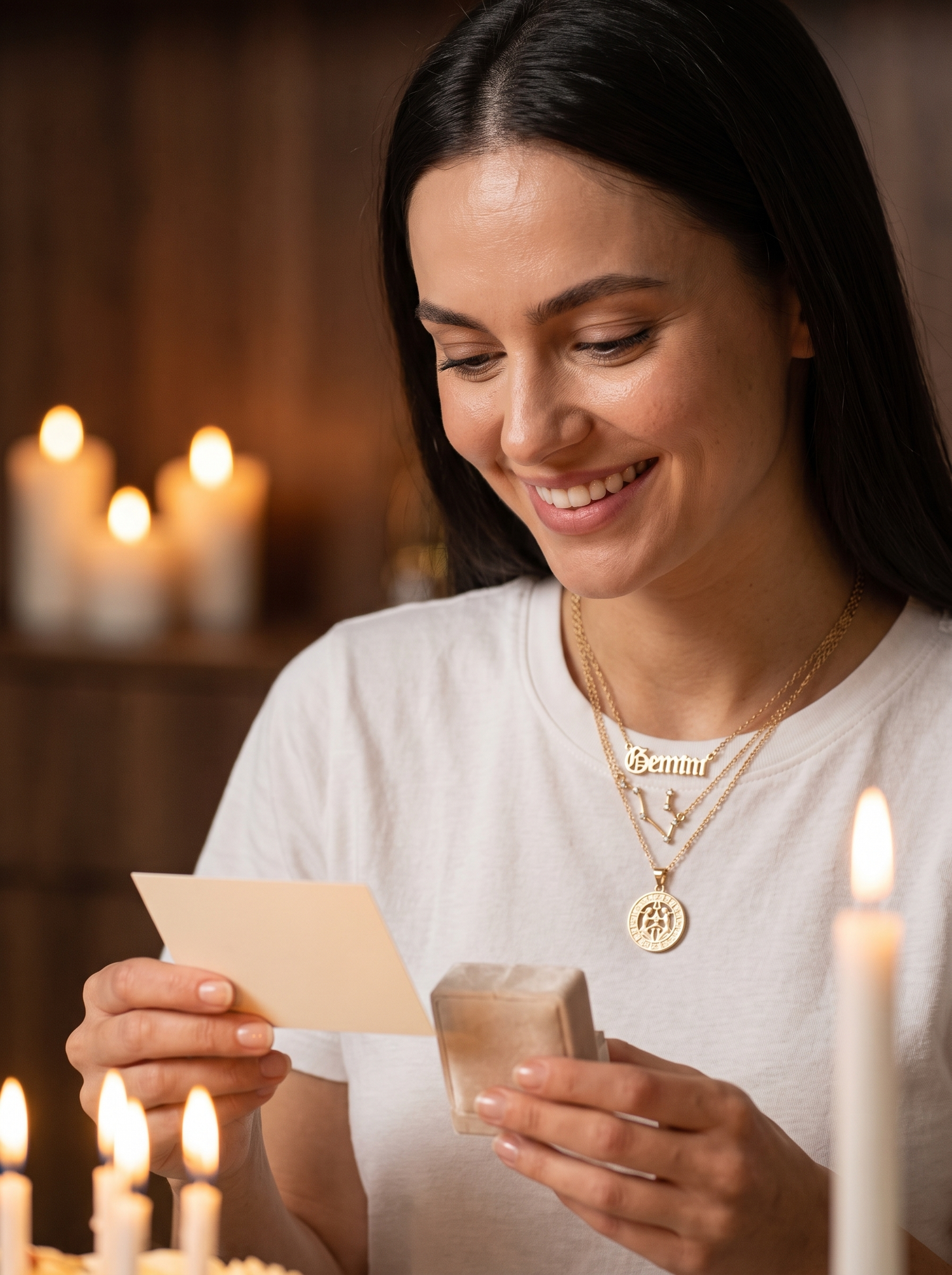 Aurelle zodiac necklace set opened as a birthday gift