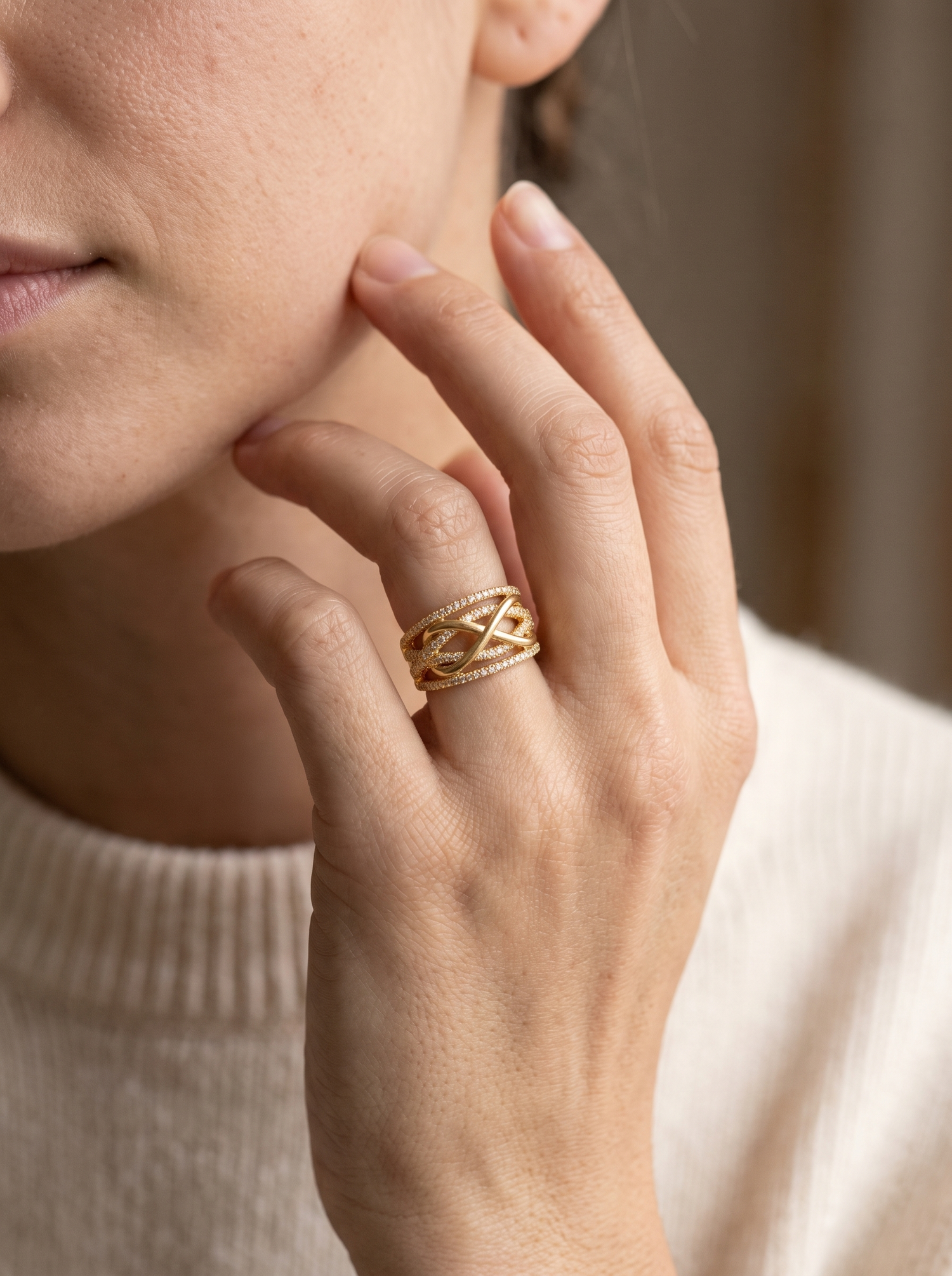 Aurelle infinity promise ring worn on the hand