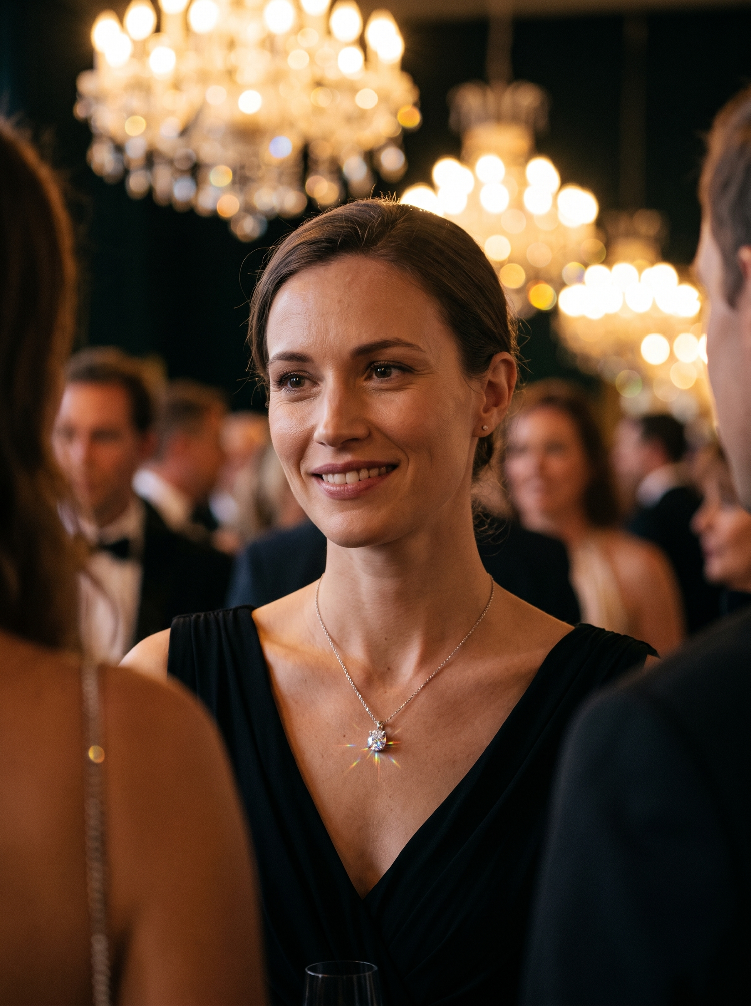 Aurelle moissanite pendant at an evening event
