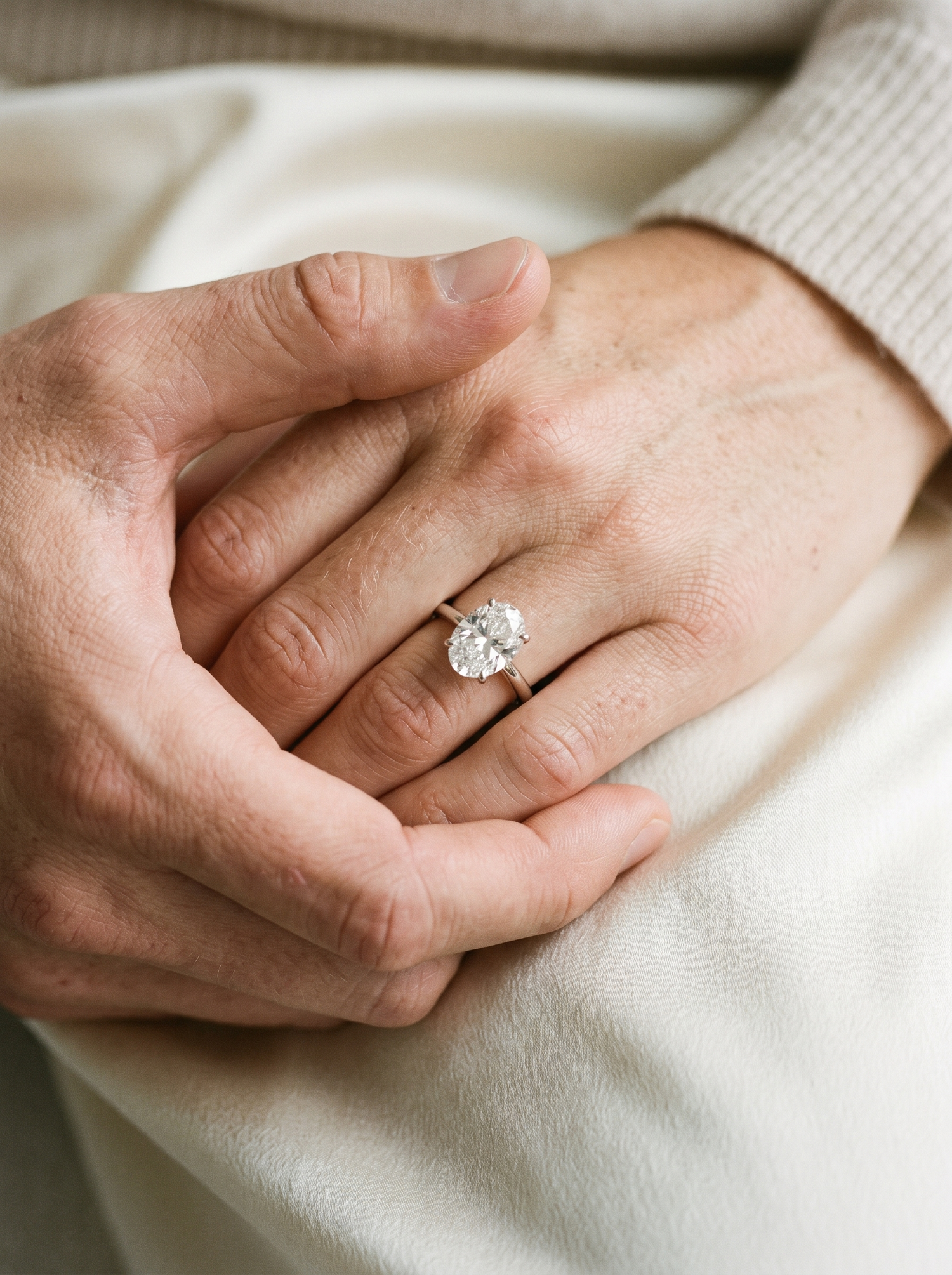 Aurelle oval moissanite ring on held hands