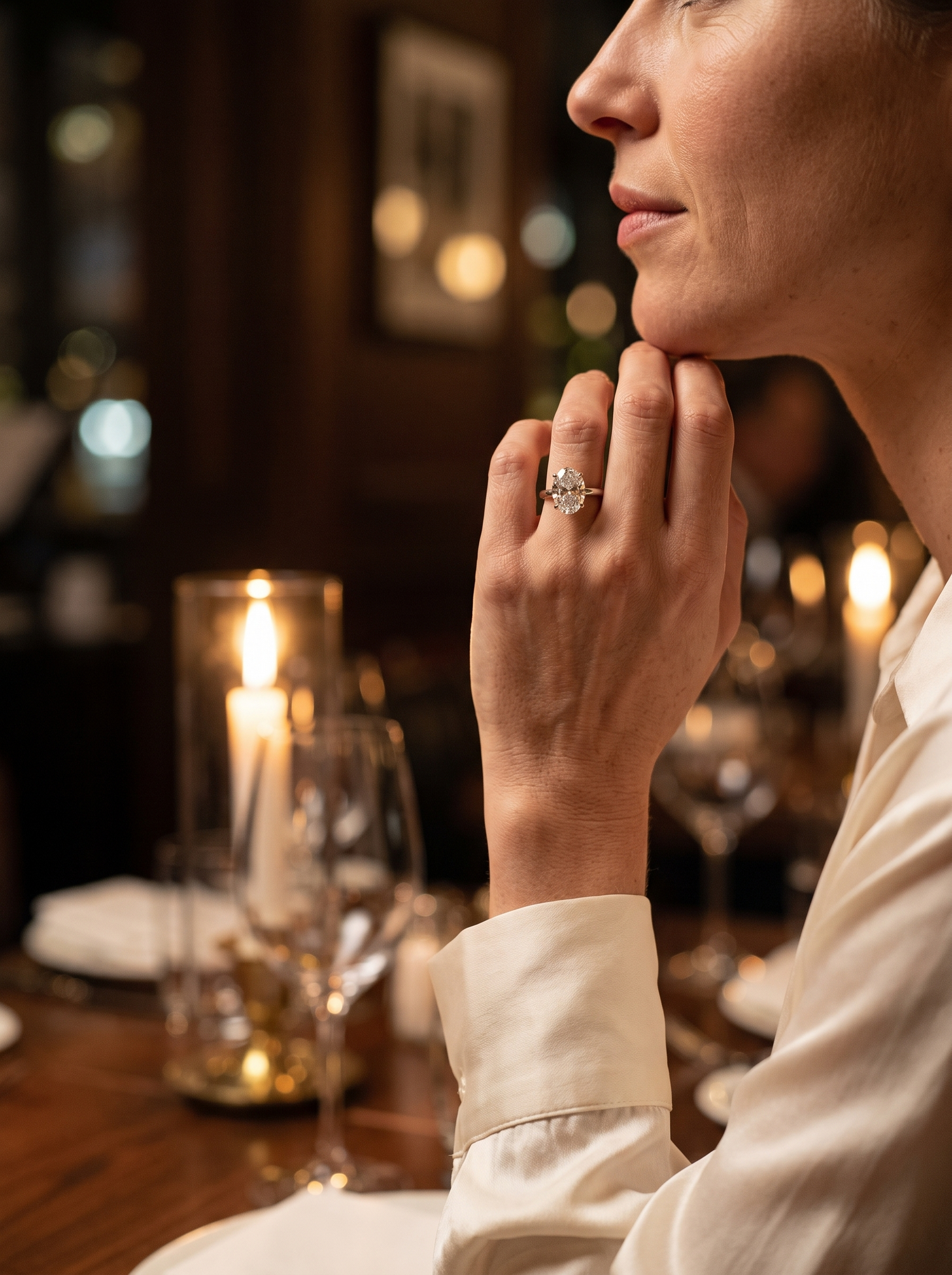 Aurelle oval moissanite ring in candlelight