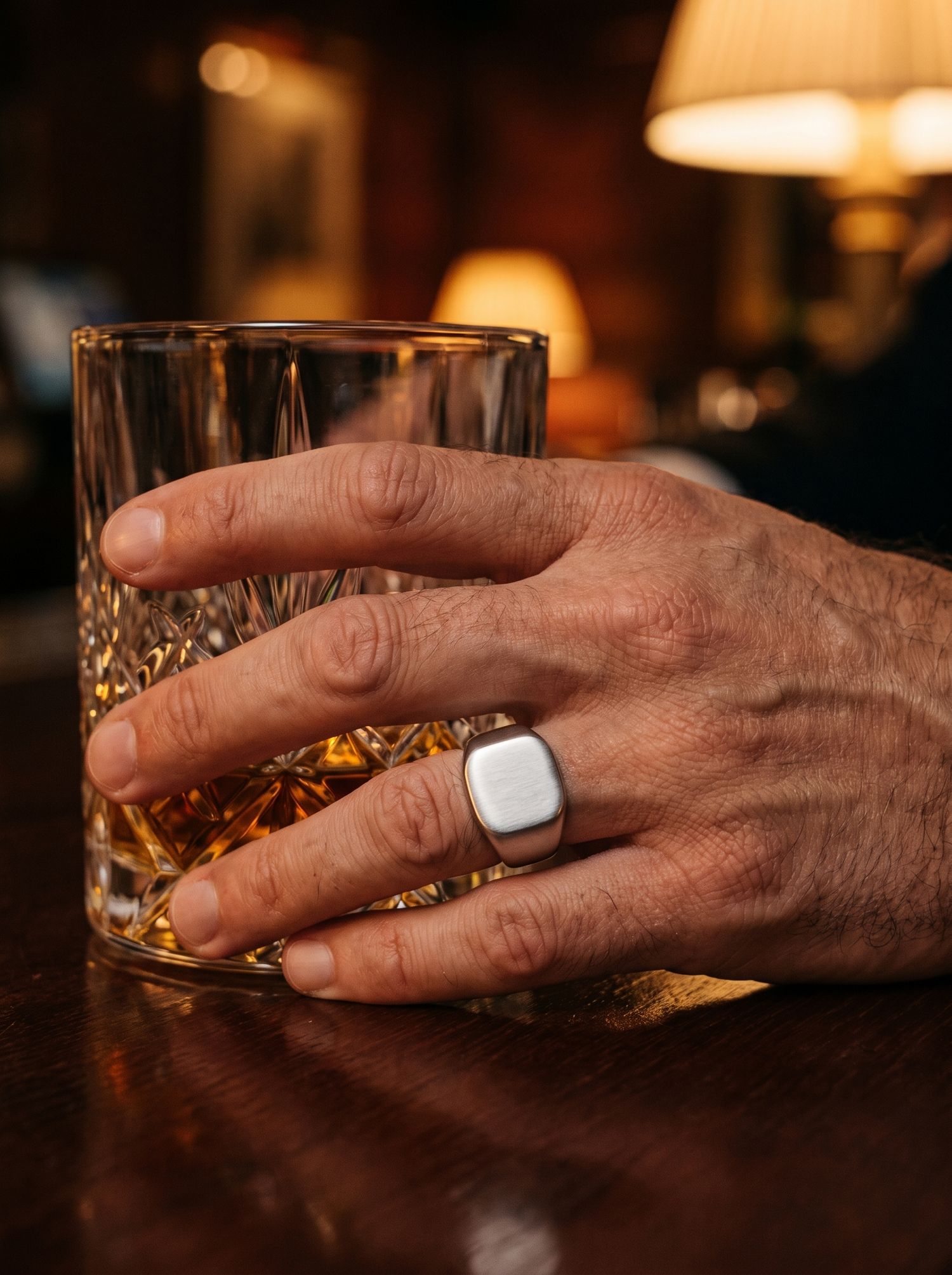 Aurelle brushed square signet ring worn at a bar