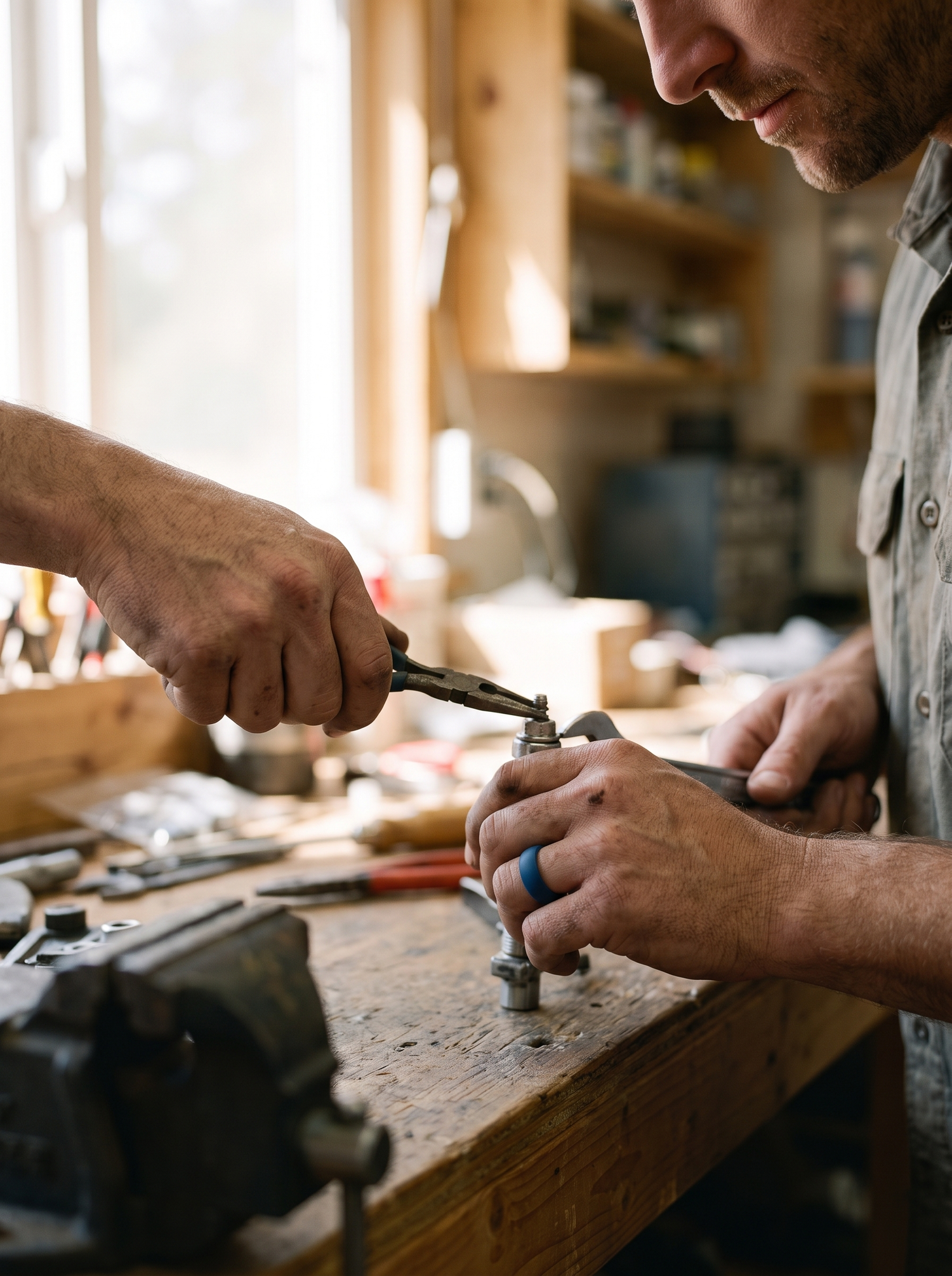 Aurelle silicone wedding band at a workbench