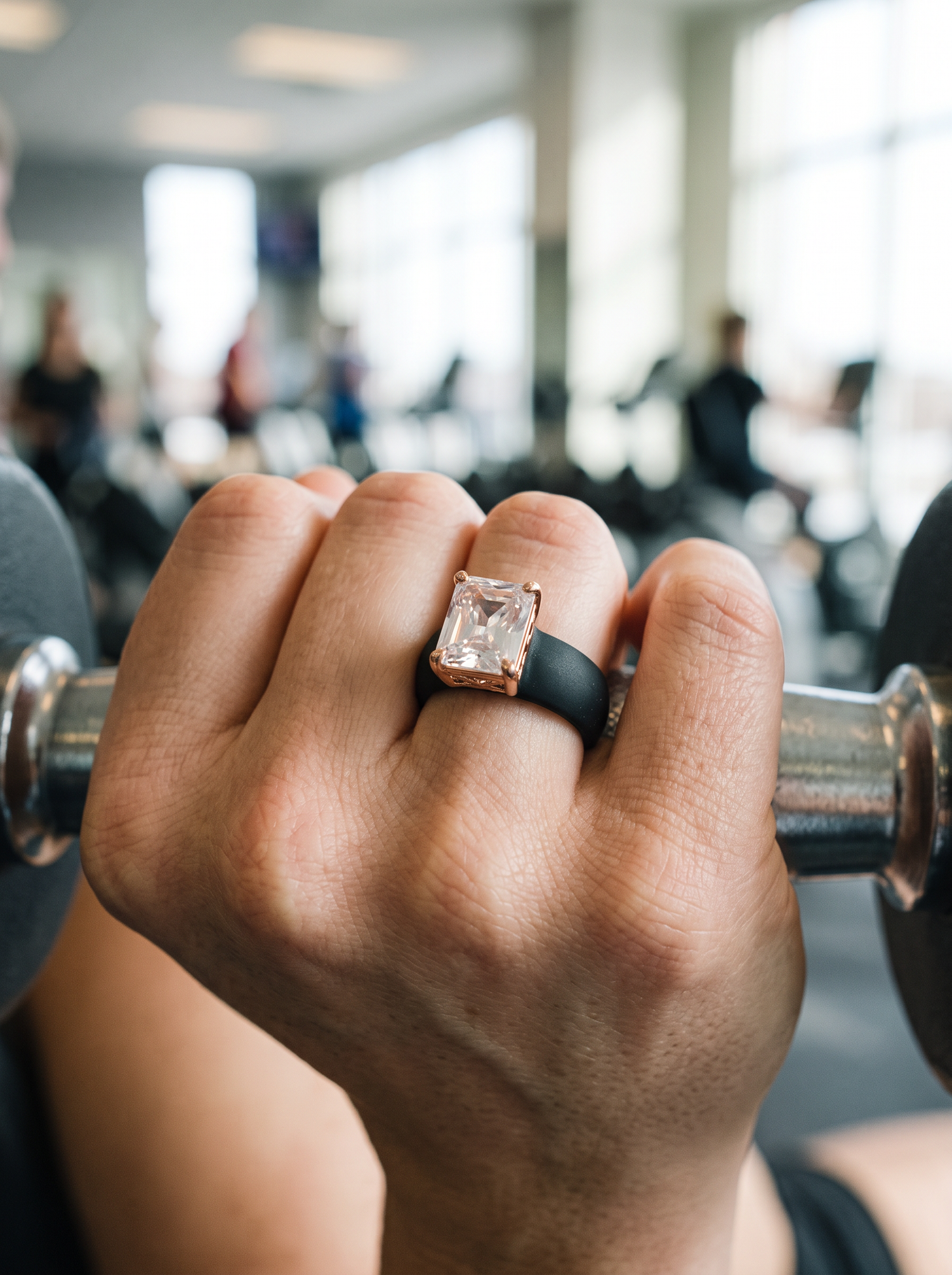 Aurelle silicone CZ sport ring at the gym