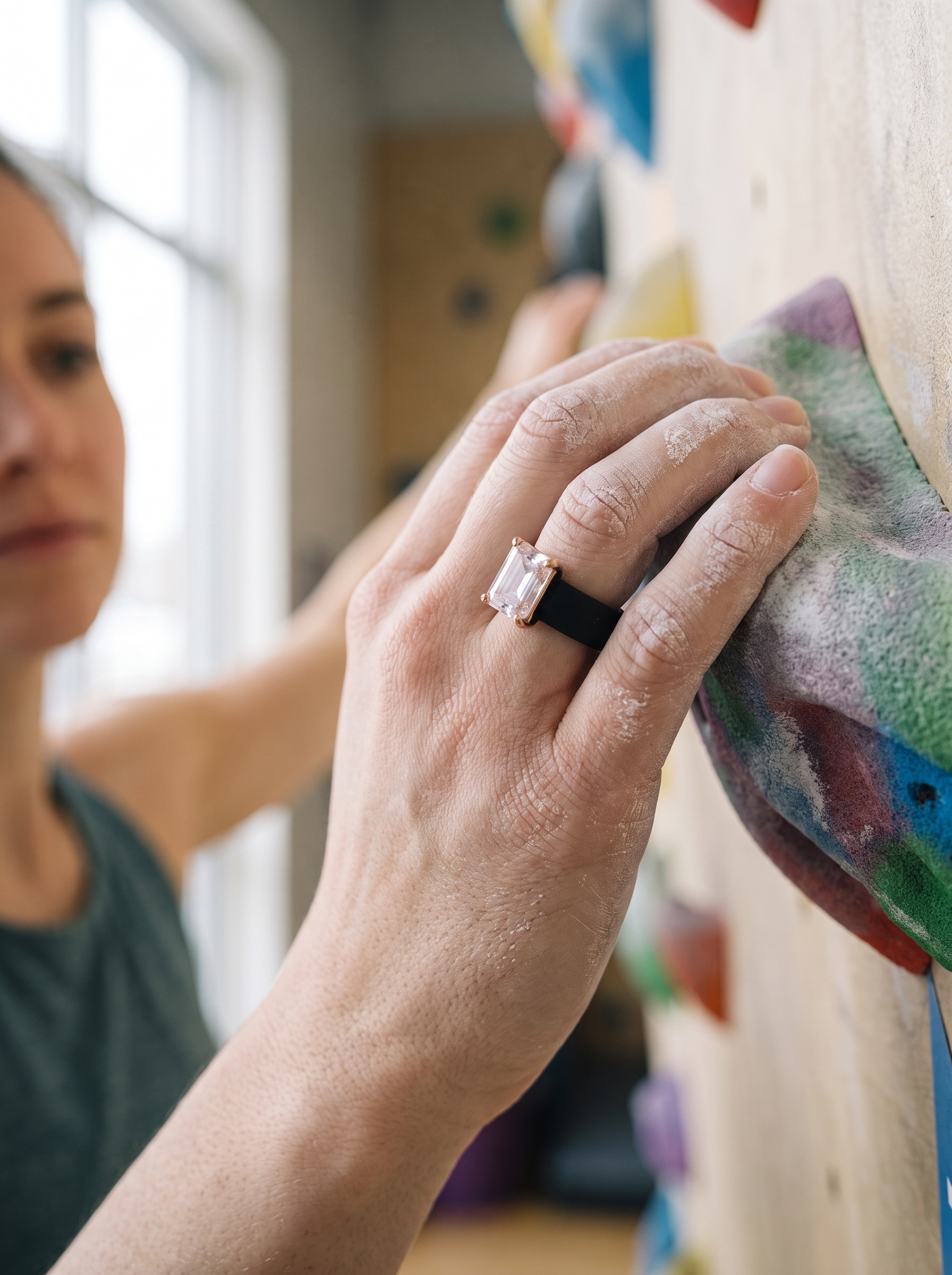 Aurelle silicone CZ sport ring while climbing