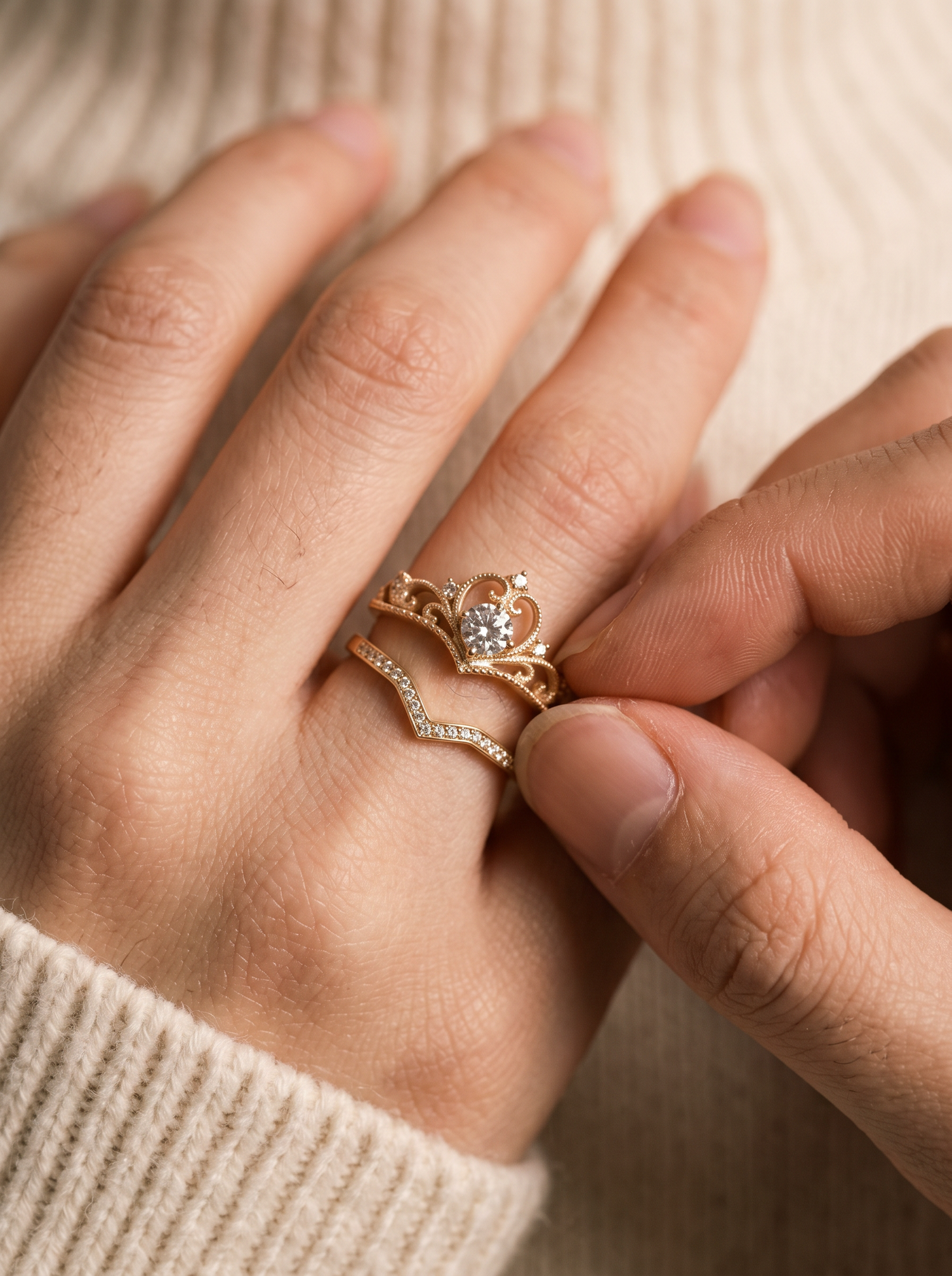 Aurelle crown ring set being adjusted