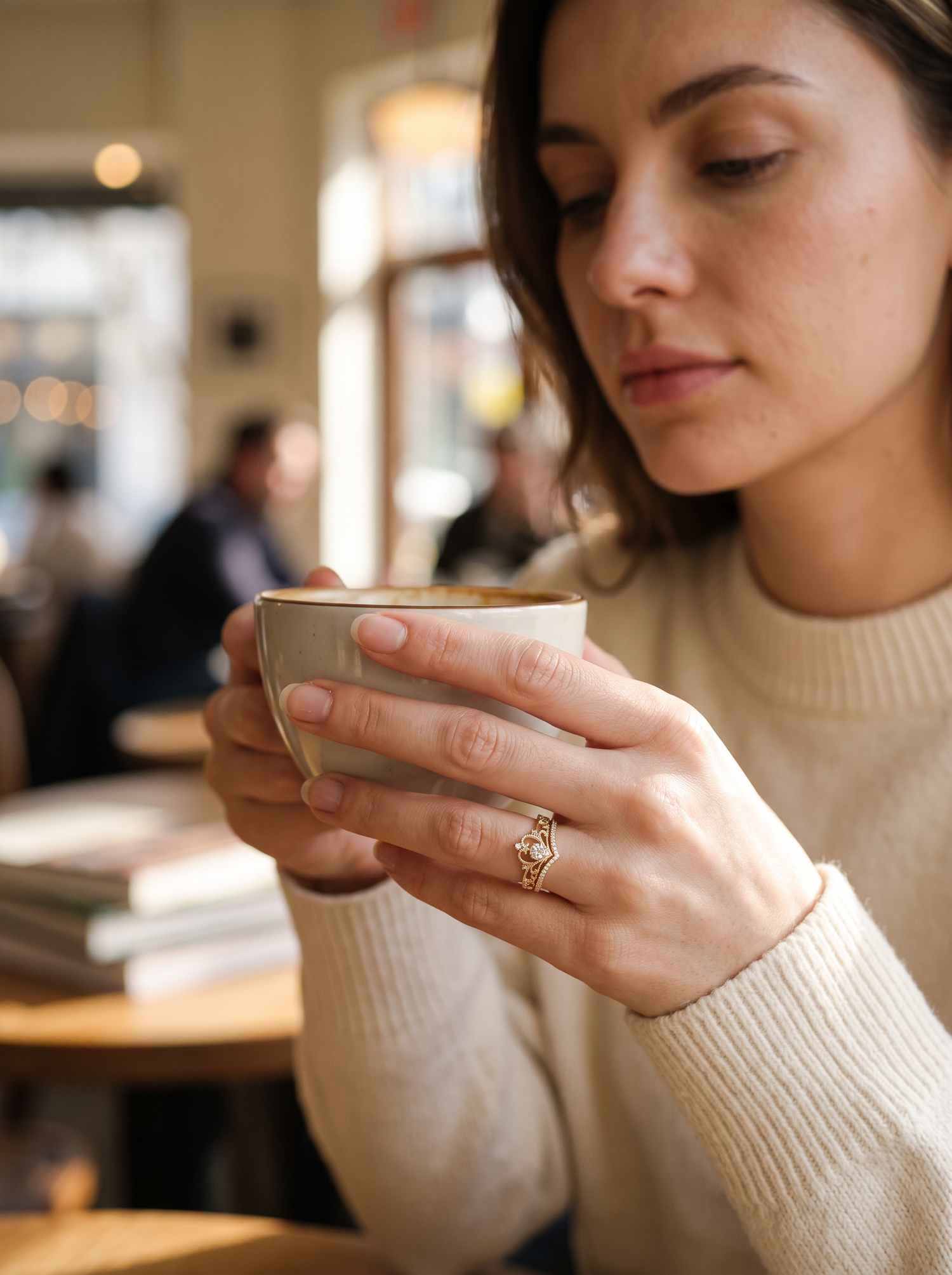 Aurelle crown ring set worn at a cafe