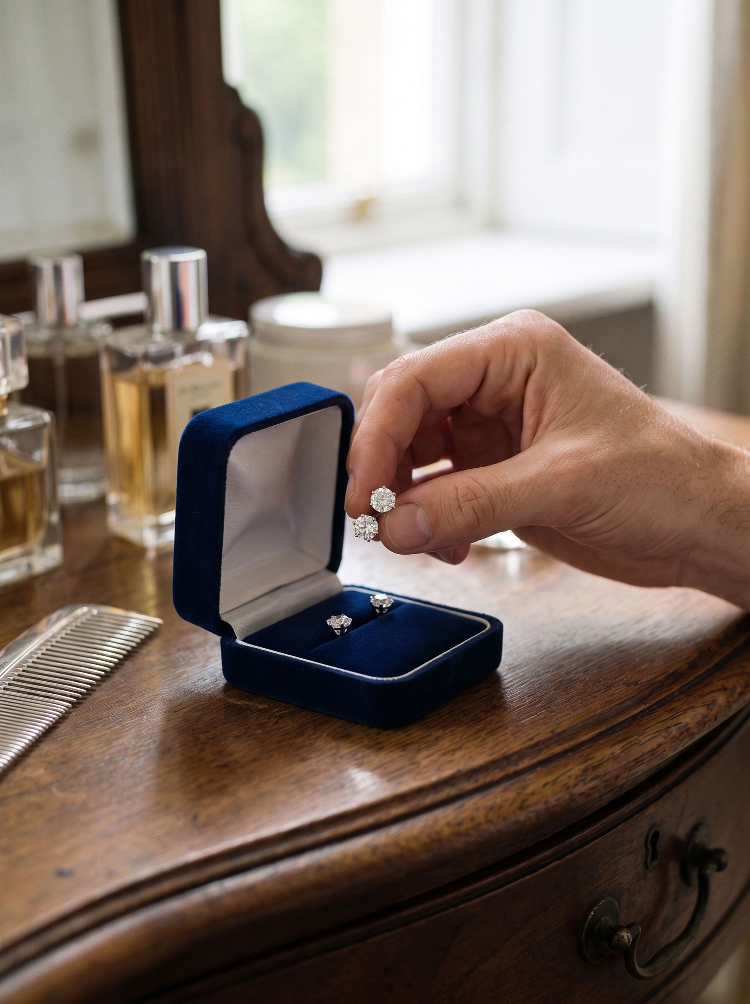 Aurelle crystal stud set open on a dressing table
