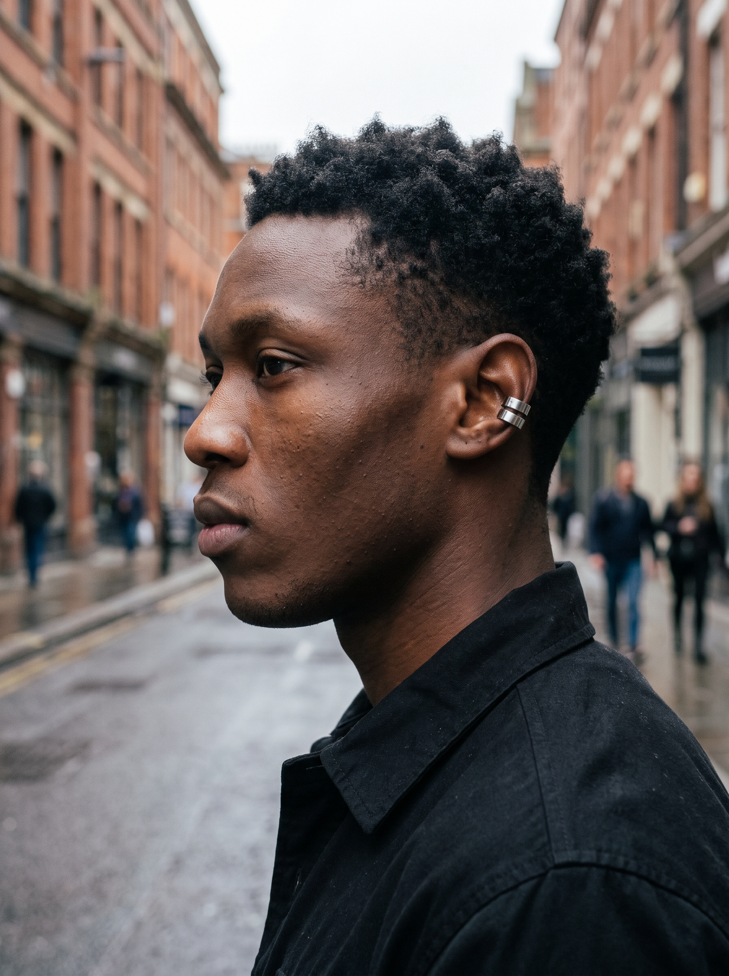 Aurelle steel ear cuff worn on the street