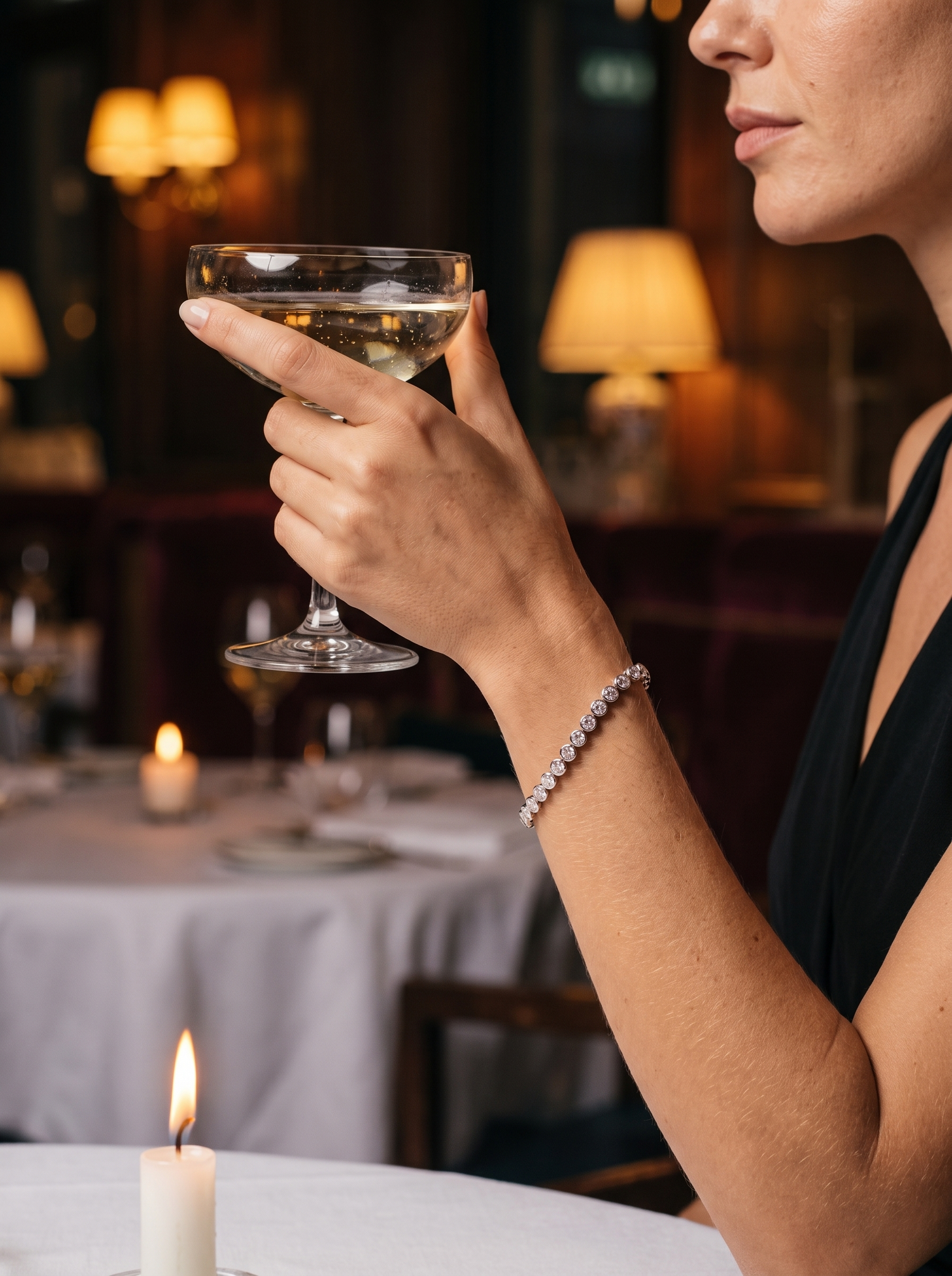 Aurelle tennis bracelet worn in the evening