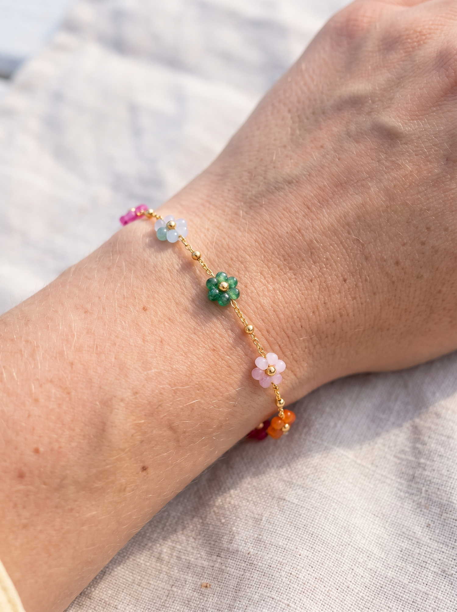 Aurelle enamel flower bead bracelet close detail