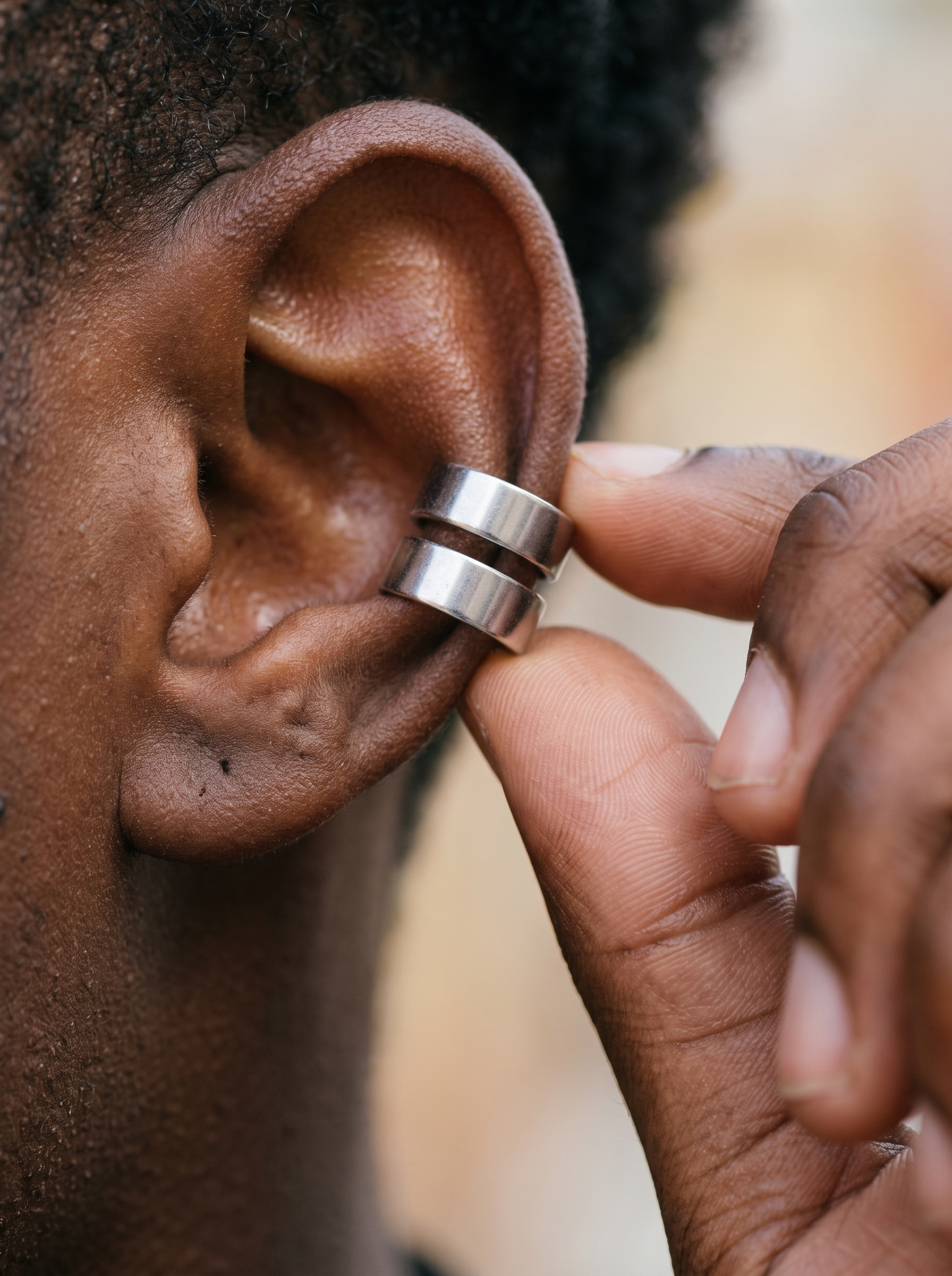 Aurelle steel ear cuff being fitted