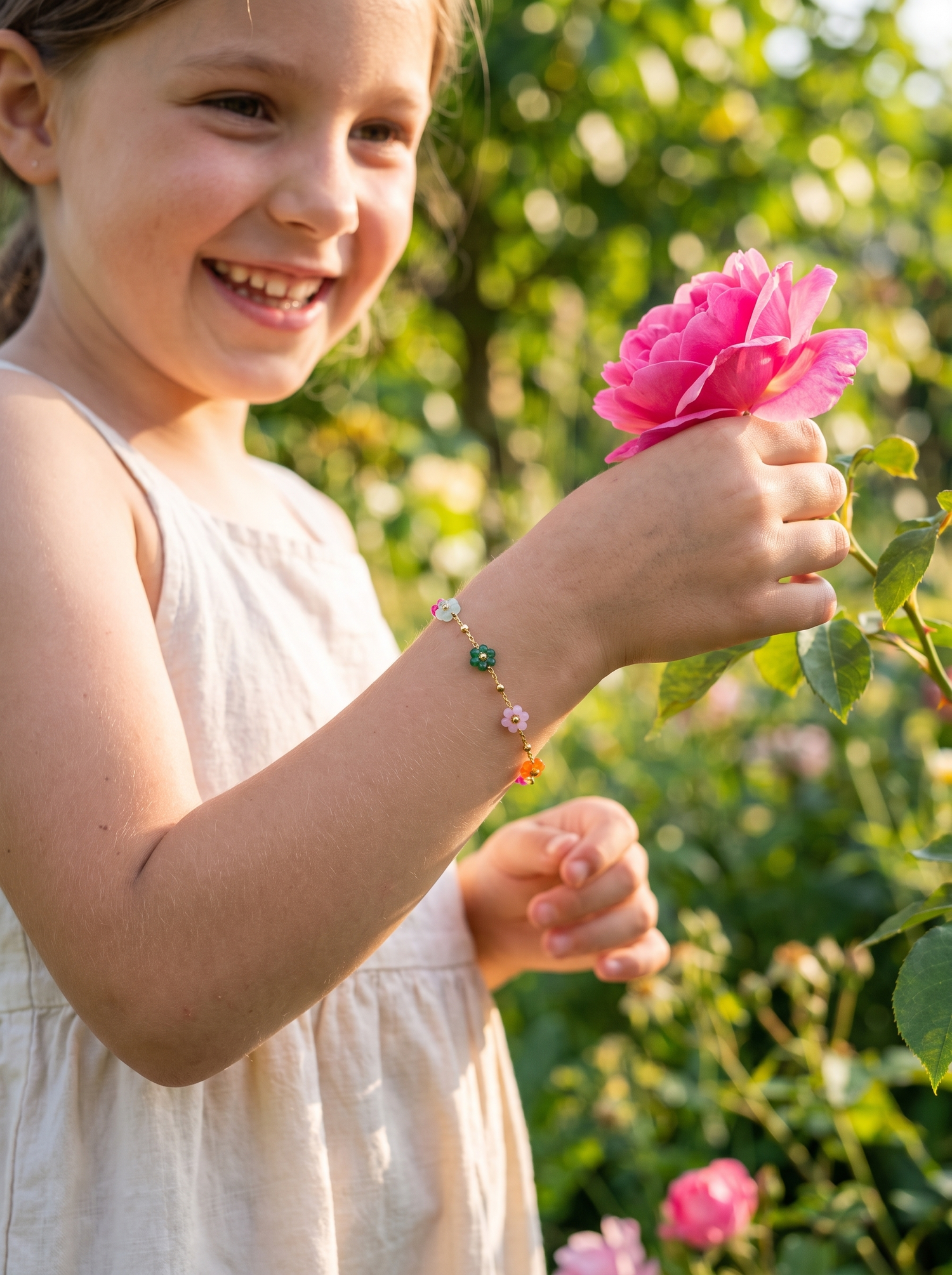 Aurelle enamel flower bracelet worn in a garden