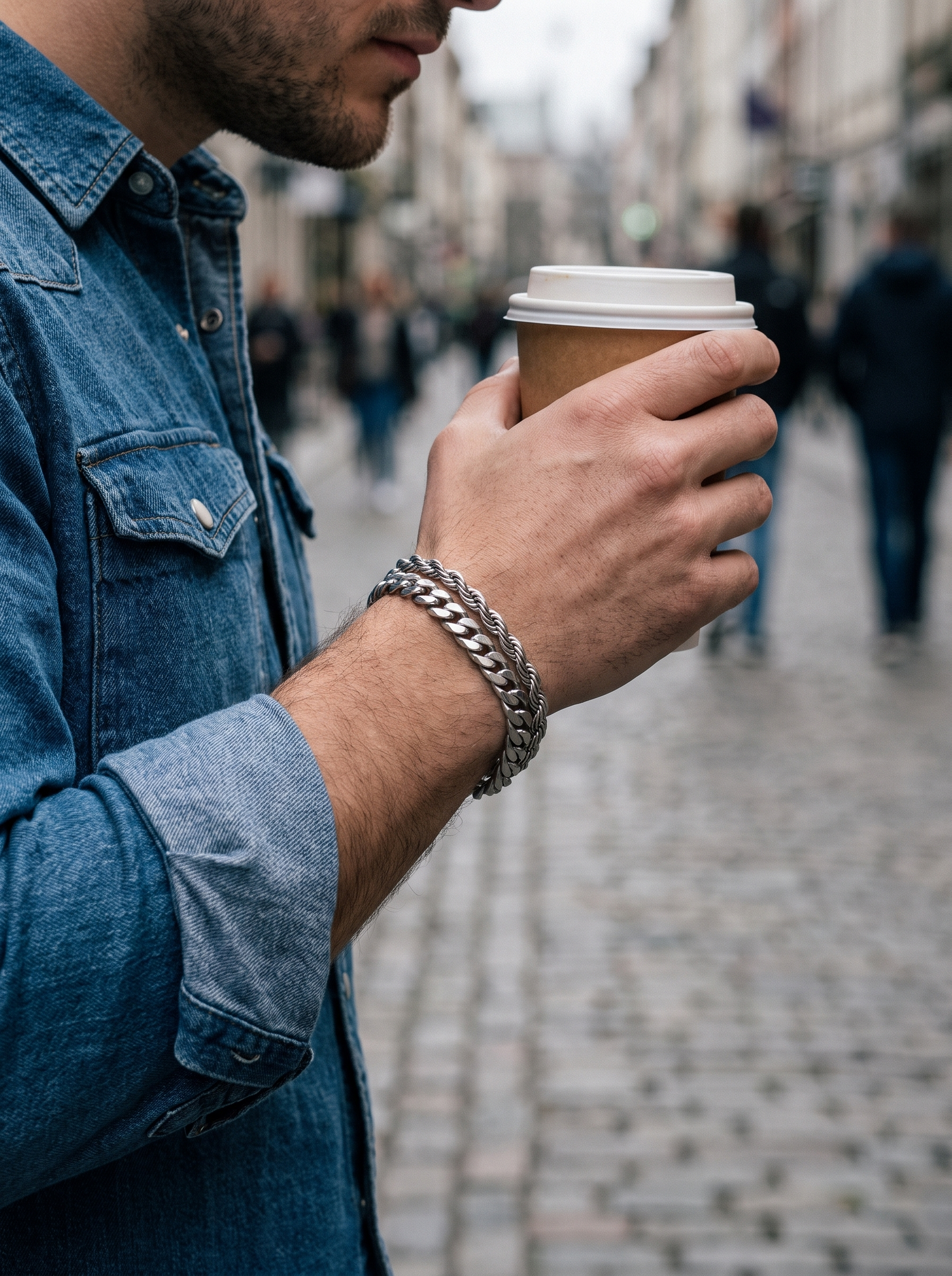 Aurelle mens bracelet set worn on the street