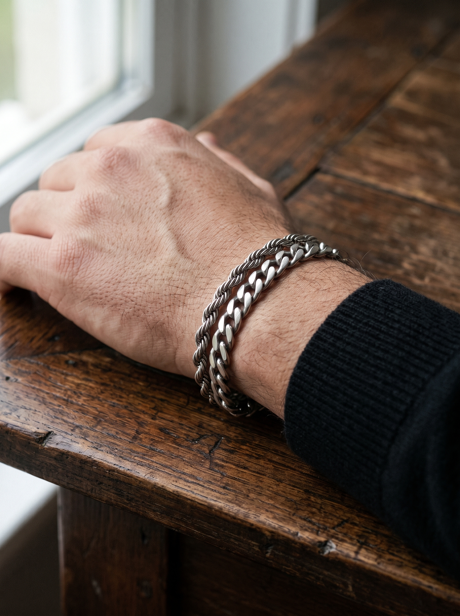 Aurelle mens rope and chain bracelets close detail